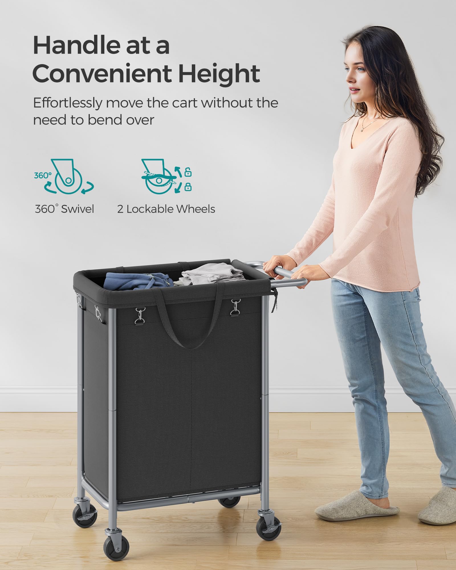 SONGMICS Laundry Basket with Wheels, 2-Section Rolling Laundry Hamper, 37 Gallons (140 L), Removable Liner, Steel Frame with Handle, 27.2 x 15.4 x 31.9 Inches, Ink Black URLS004B01 - Image 7