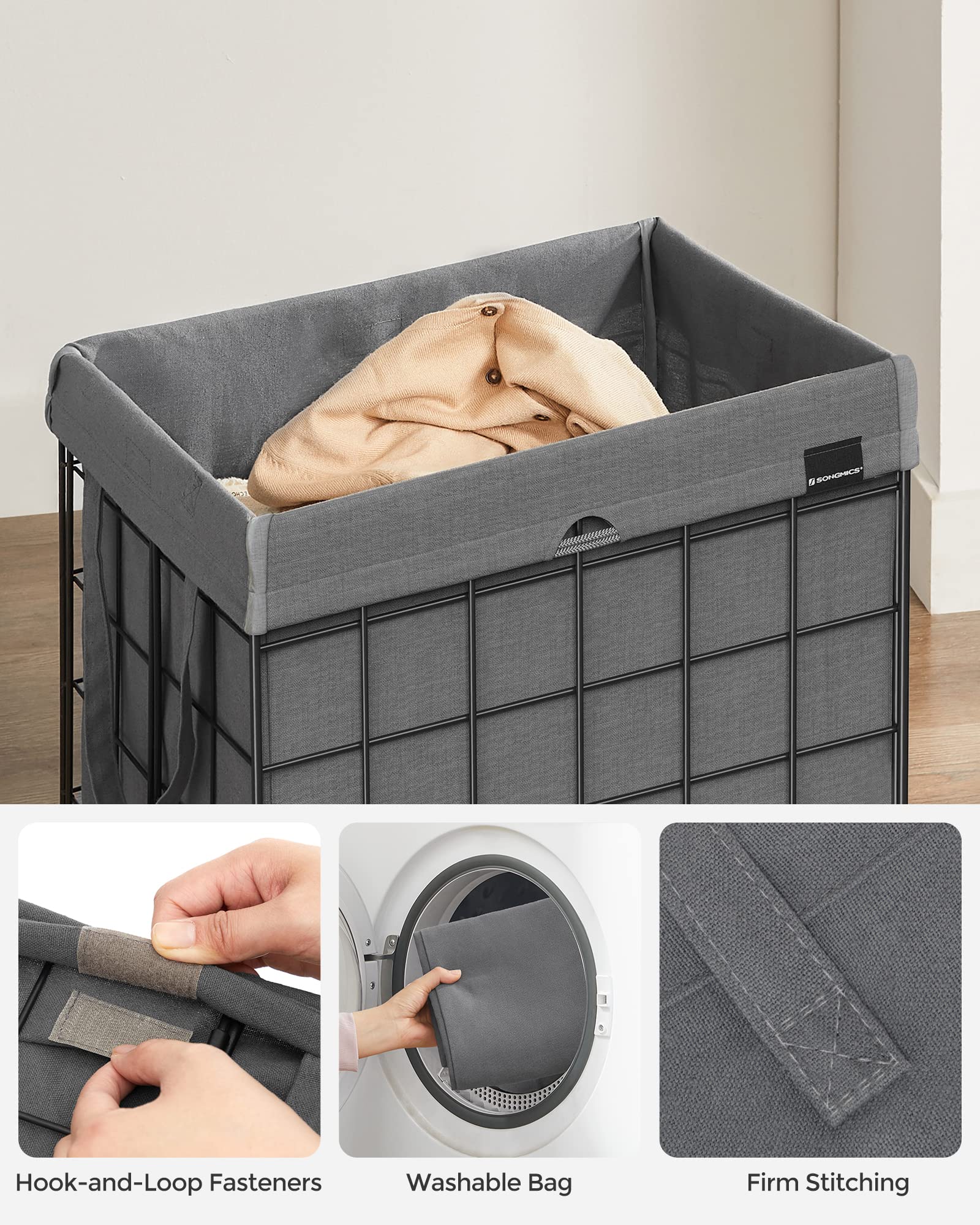 SONGMICS Laundry Hamper, 23.8 Gal. (90L) Laundry Basket, Collapsible Clothes Hamper, Removable and Washable Liner, Metal Wire Frame, for Bedroom Bathroom, Black and Gray ULCB190G01 - Image 3