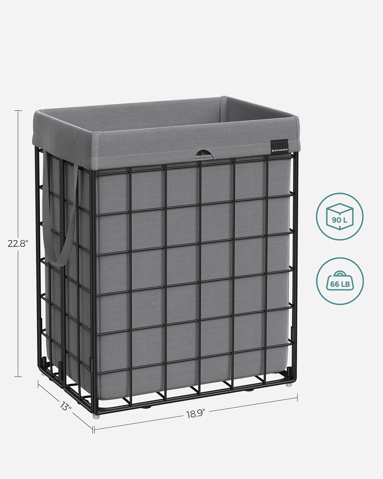 SONGMICS Laundry Hamper, 23.8 Gal. (90L) Laundry Basket, Collapsible Clothes Hamper, Removable and Washable Liner, Metal Wire Frame, for Bedroom Bathroom, Black and Gray ULCB190G01 - Image 5