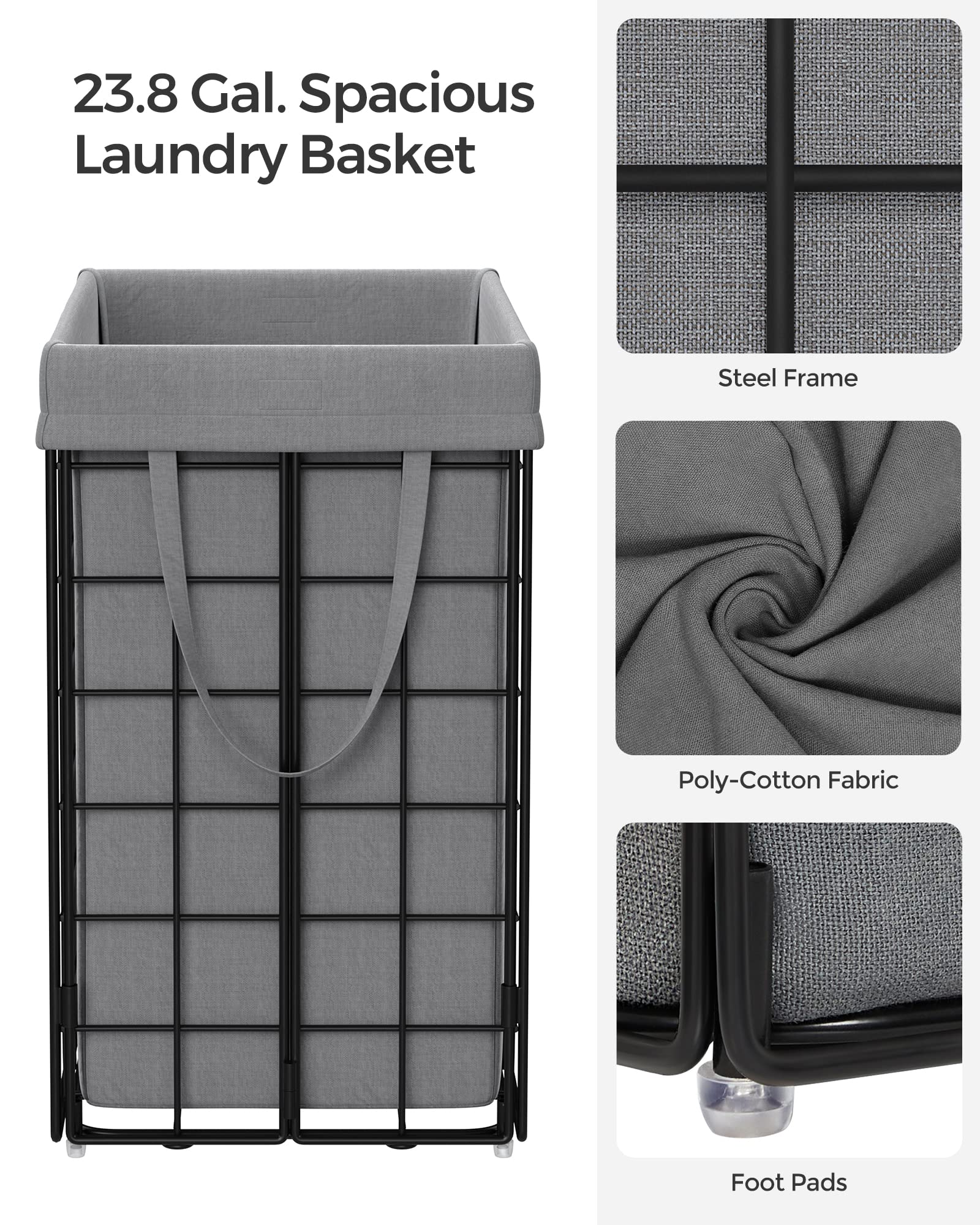 SONGMICS Laundry Hamper, 23.8 Gal. (90L) Laundry Basket, Collapsible Clothes Hamper, Removable and Washable Liner, Metal Wire Frame, for Bedroom Bathroom, Black and Gray ULCB190G01 - Image 6