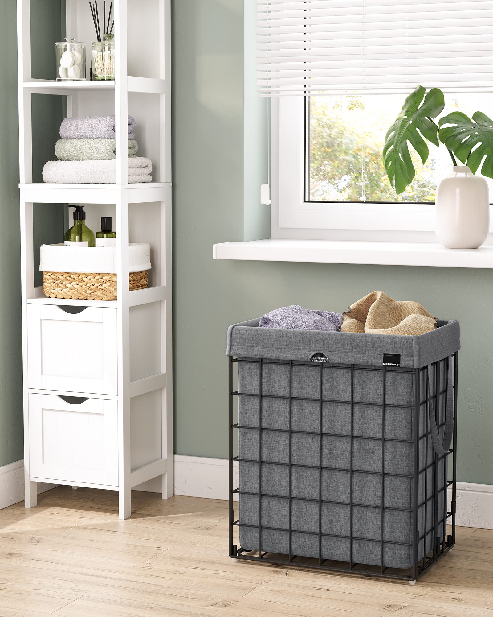 SONGMICS Laundry Hamper, 23.8 Gal. (90L) Laundry Basket, Collapsible Clothes Hamper, Removable and Washable Liner, Metal Wire Frame, for Bedroom Bathroom, Black and Gray ULCB190G01 - Image 8