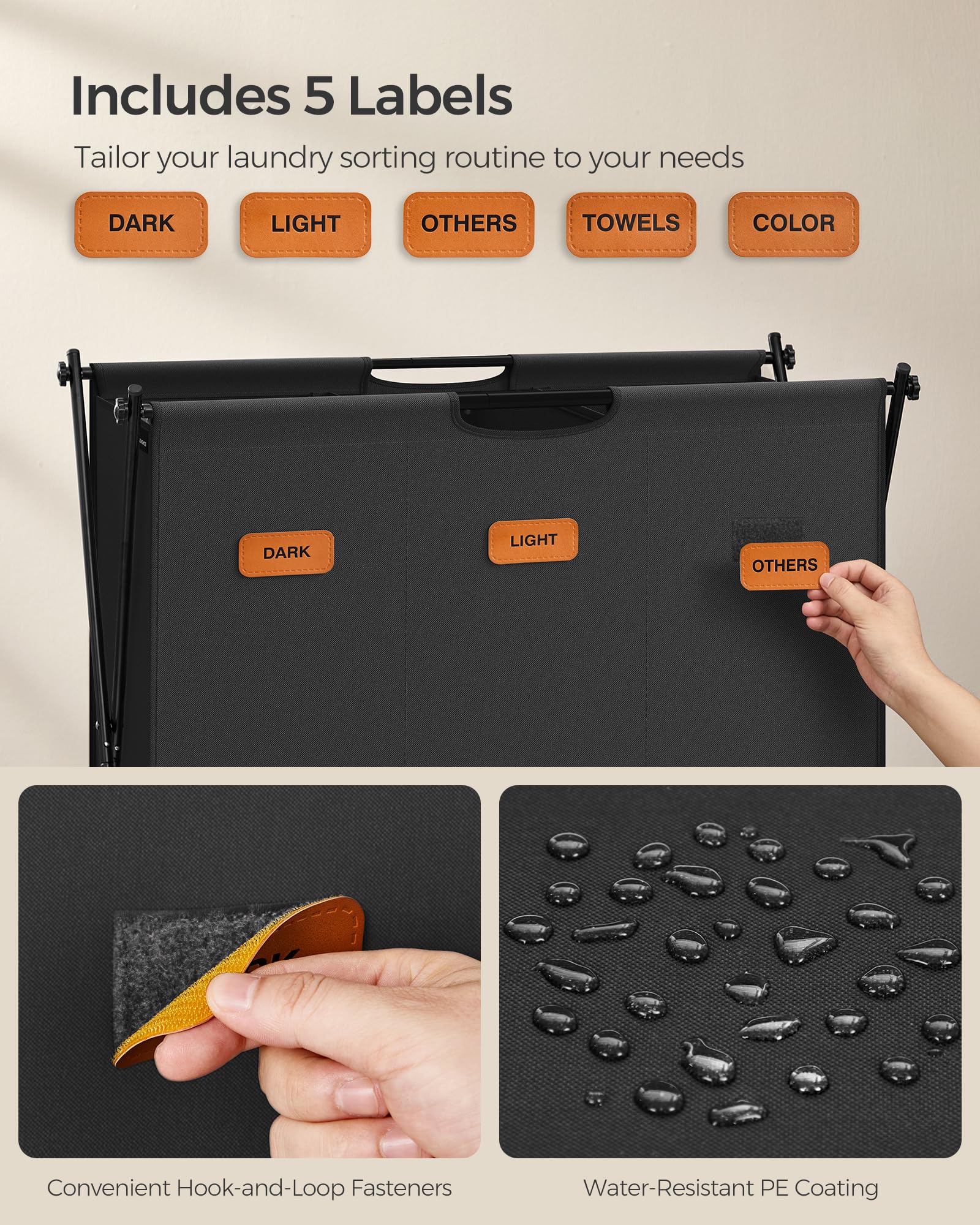 SONGMICS Laundry Hamper, Laundry Basket, 35.7 Gal. Laundry Sorter 3 Sections, Collapsible X-Frame, Clothes Organizer with Customizable Labels, Laundry Room, Bedroom, Bathroom, Ink Black ULCB130B01 - Image 5