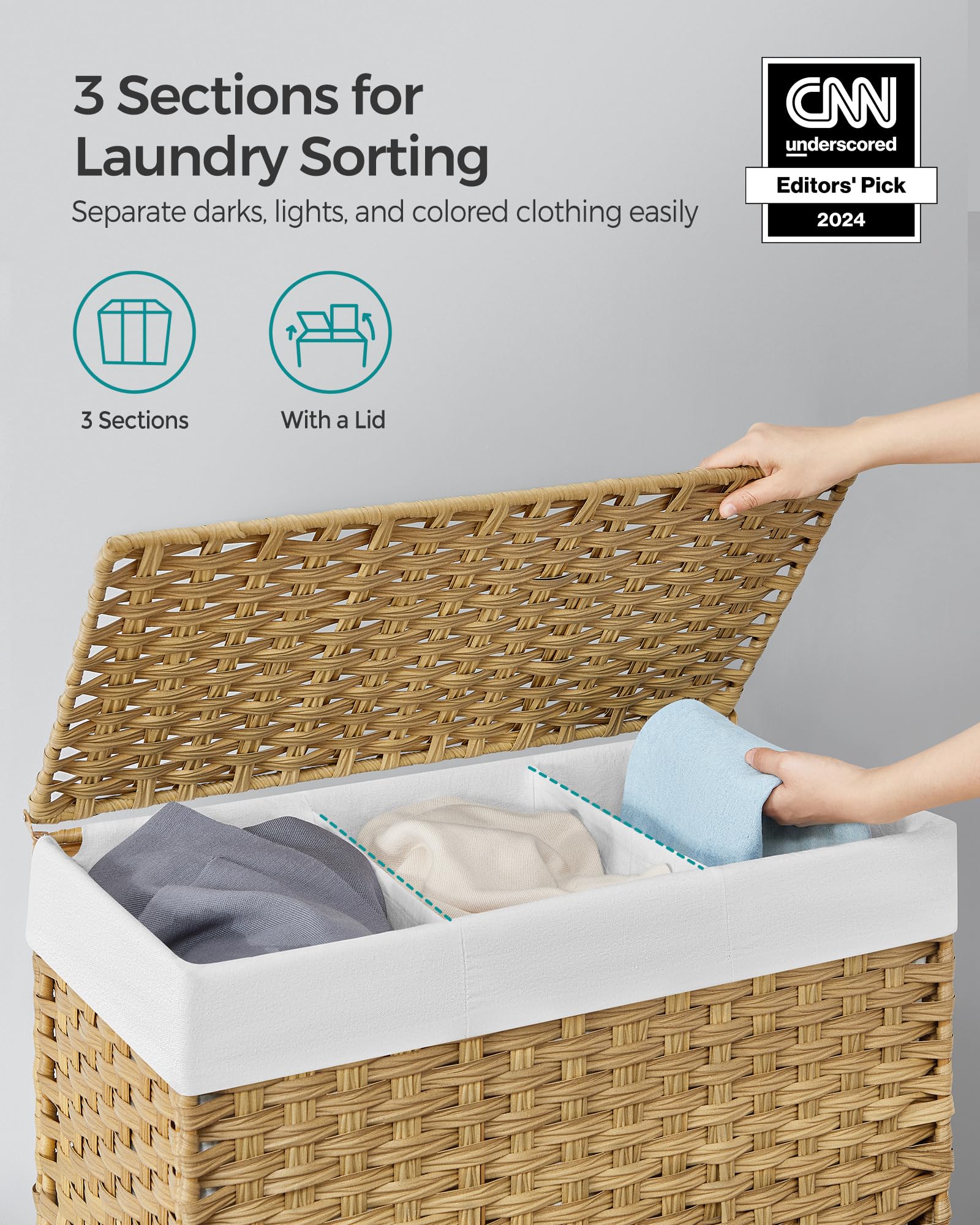 SONGMICS Laundry Hamper with Lid, 37 Gallons (140 L), Rolling Laundry Basket with Wheels, 3-Section Synthetic Rattan, Removable Liner, Bedroom, 26 x 13 x 26 Inches, Natural ULCB363N01 - Image 3