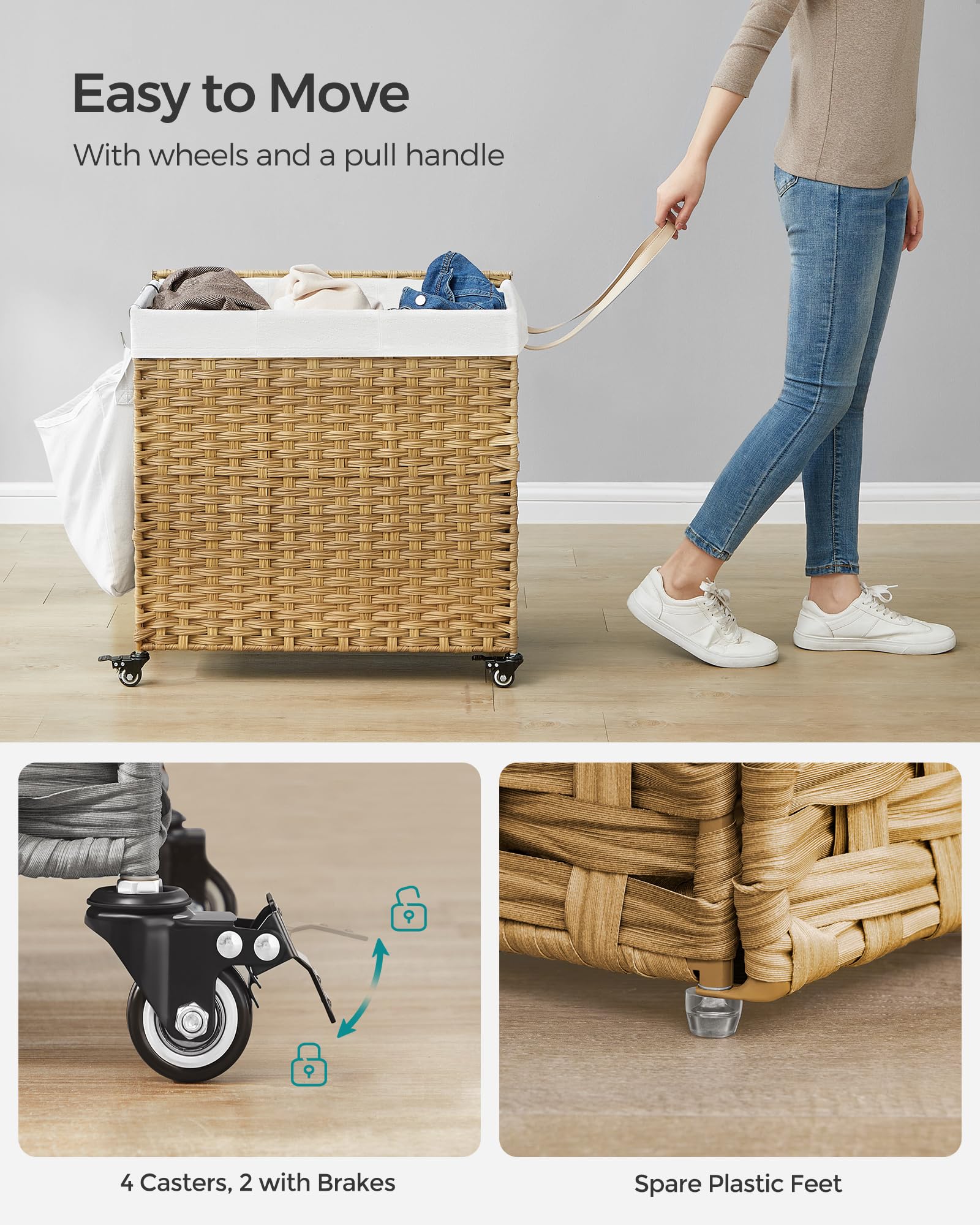 SONGMICS Laundry Hamper with Lid, 37 Gallons (140 L), Rolling Laundry Basket with Wheels, 3-Section Synthetic Rattan, Removable Liner, Bedroom, 26 x 13 x 26 Inches, Natural ULCB363N01 - Image 4