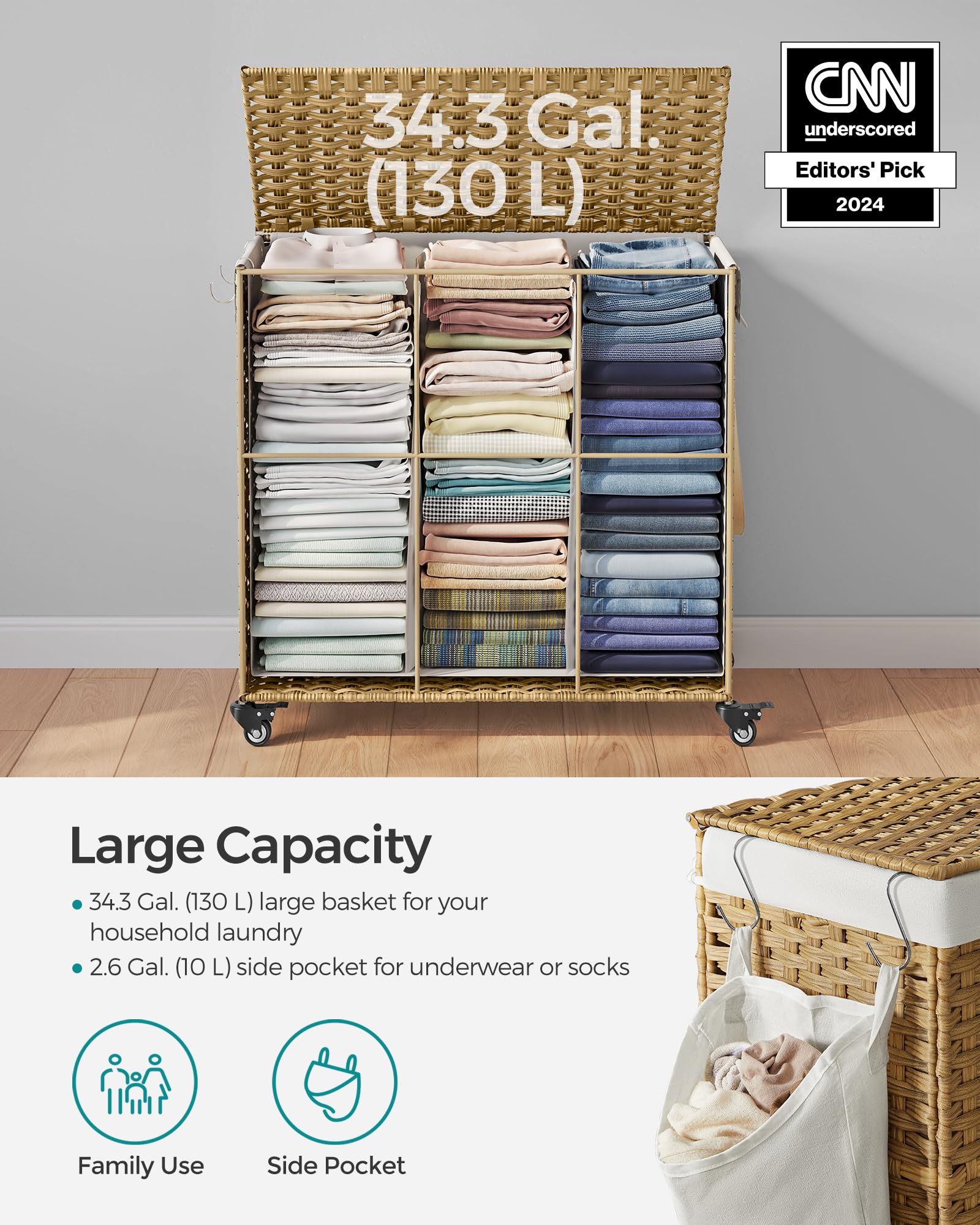 SONGMICS Laundry Hamper with Lid, 37 Gallons (140 L), Rolling Laundry Basket with Wheels, 3-Section Synthetic Rattan, Removable Liner, Bedroom, 26 x 13 x 26 Inches, Natural ULCB363N01 - Image 7