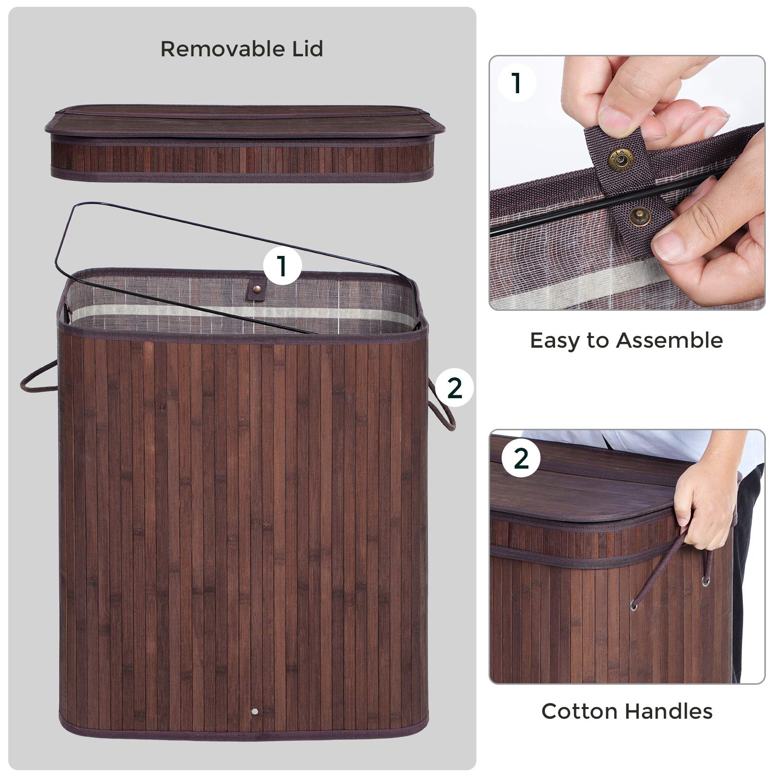 SONGMICS Laundry Hamper with Lid, Bamboo Launry Basket with Handles, Foldable Storage Basket for Laundry Room, Bedroom, 100L, Brown ULCB063K02 - Image 3