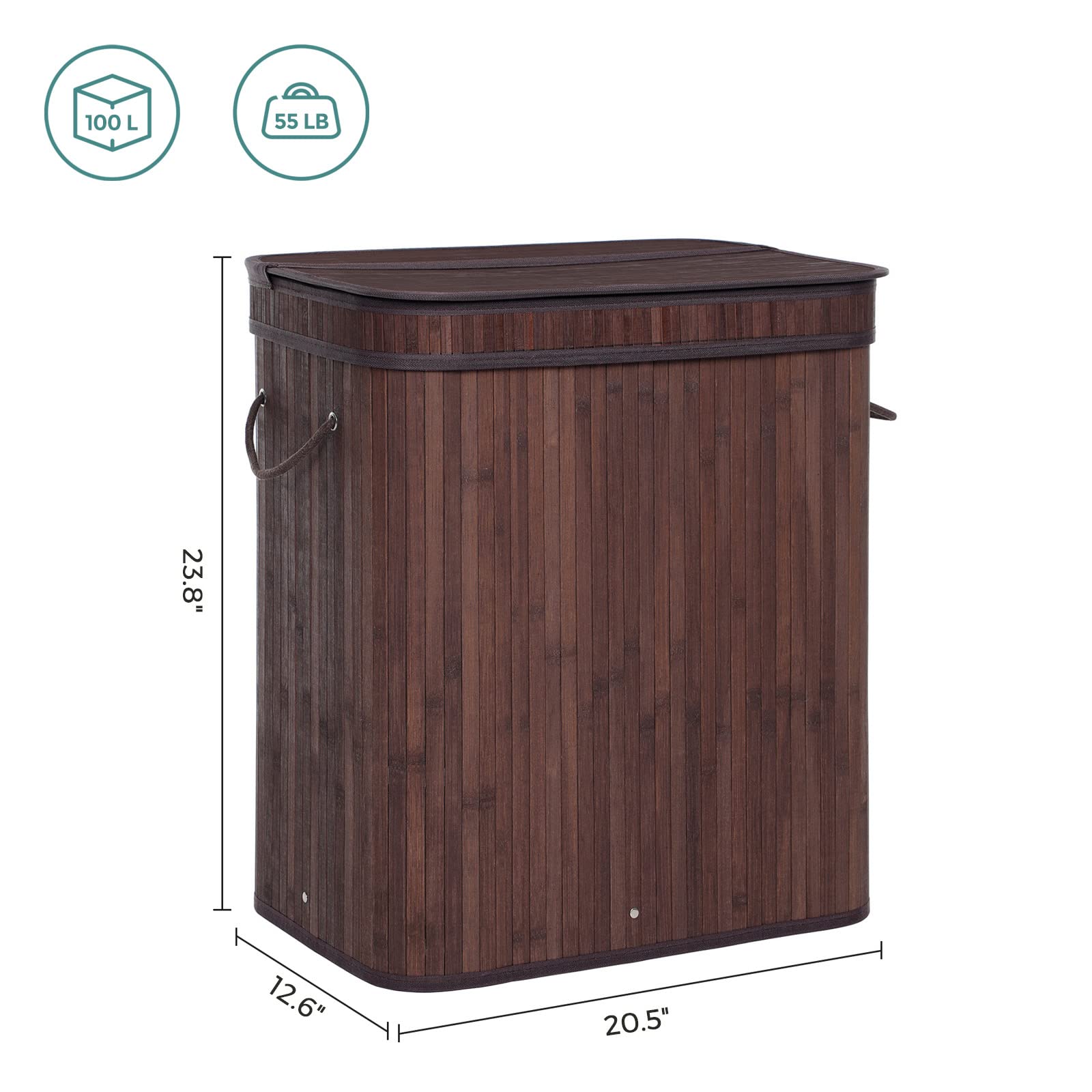 SONGMICS Laundry Hamper with Lid, Bamboo Launry Basket with Handles, Foldable Storage Basket for Laundry Room, Bedroom, 100L, Brown ULCB063K02 - Image 5