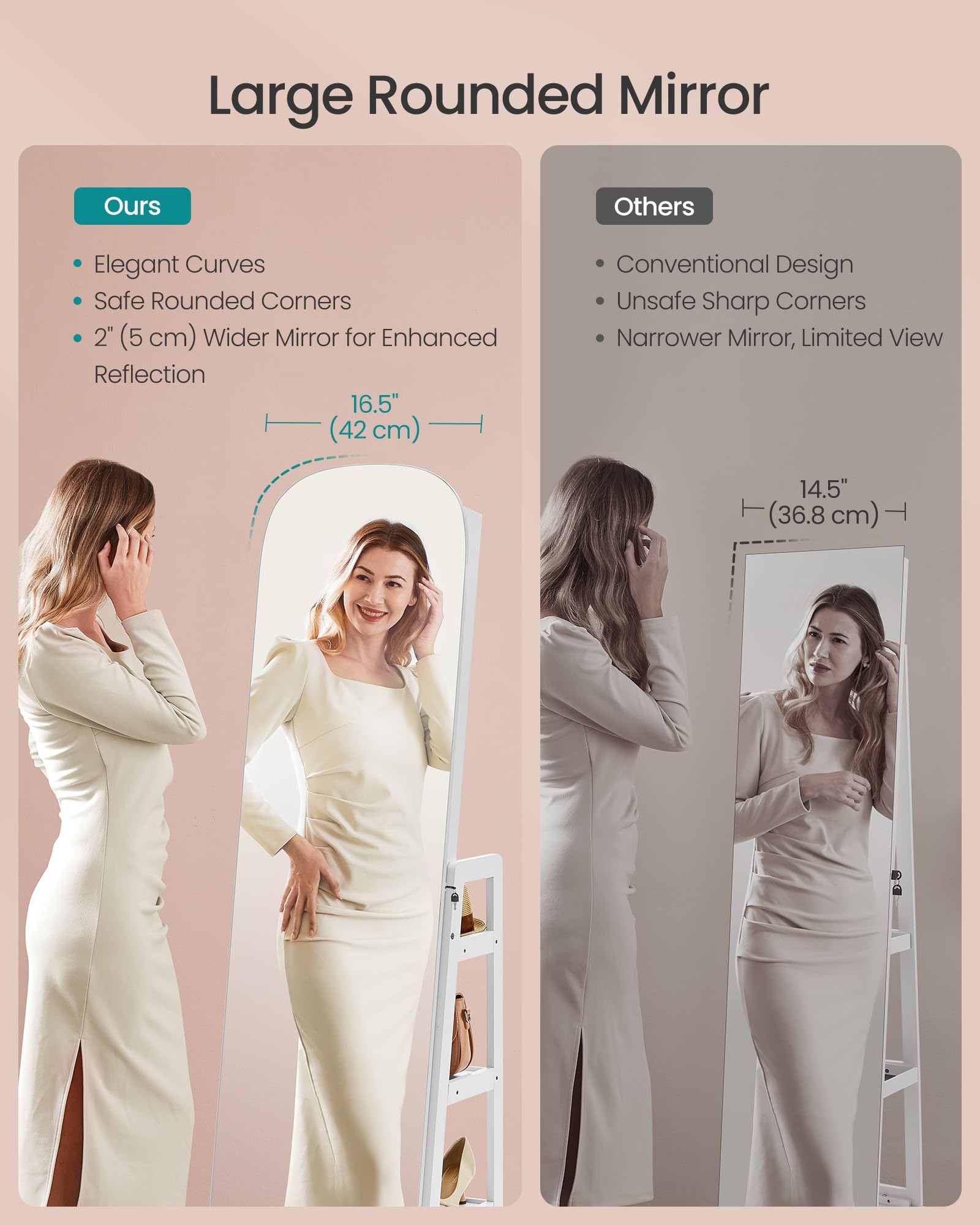 SONGMICS LED Jewelry Cabinet, 360° Swivel Jewelry Organizer, Lockable Mirror Jewelry Cabinet Standing, Rounded Wide Full-Length Mirror with Storage Shelves, Interior Mirror, Cloud White UJJC036W01 - Image 3