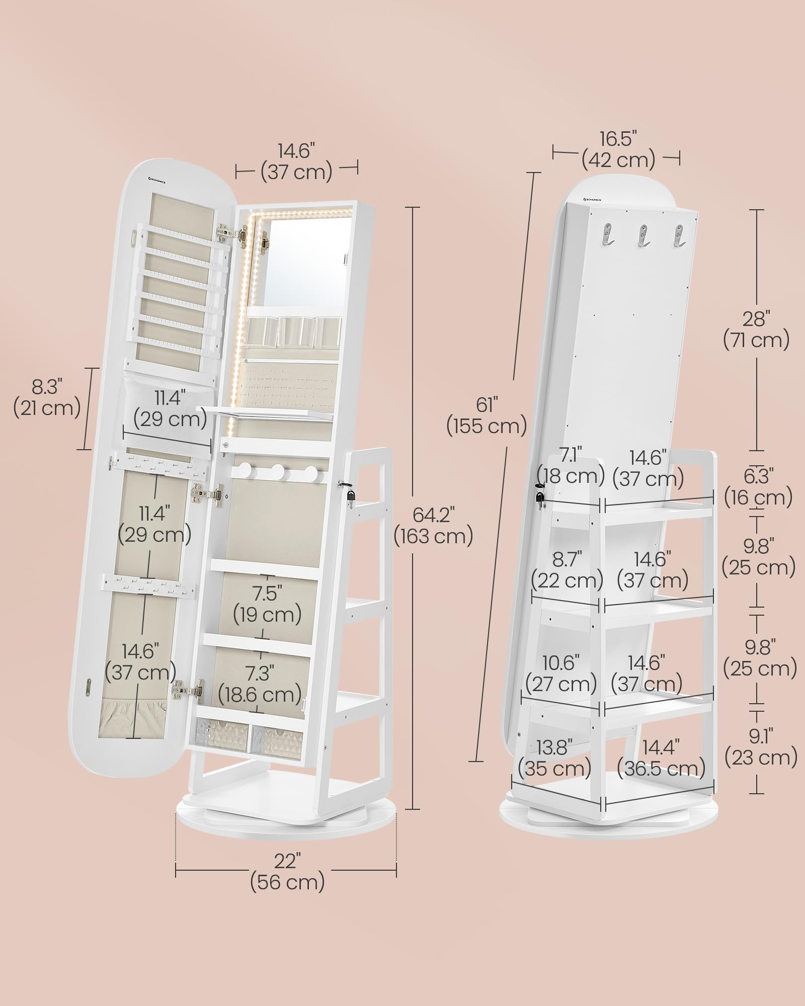 SONGMICS LED Jewelry Cabinet, 360° Swivel Jewelry Organizer, Lockable Mirror Jewelry Cabinet Standing, Rounded Wide Full-Length Mirror with Storage Shelves, Interior Mirror, Cloud White UJJC036W01 - Image 6