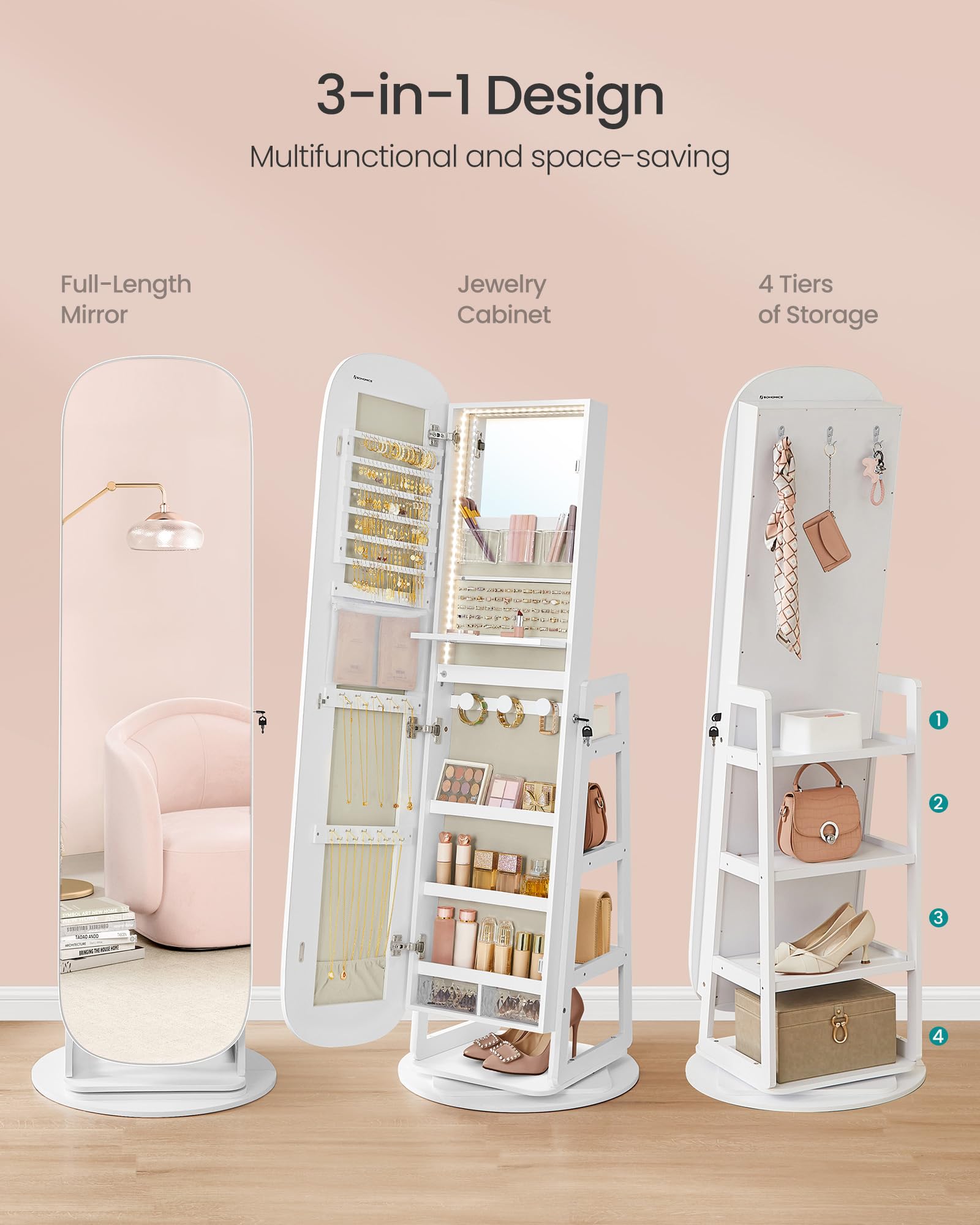 SONGMICS LED Jewelry Cabinet, 360° Swivel Jewelry Organizer, Lockable Mirror Jewelry Cabinet Standing, Rounded Wide Full-Length Mirror with Storage Shelves, Interior Mirror, Cloud White UJJC036W01 - Image 7