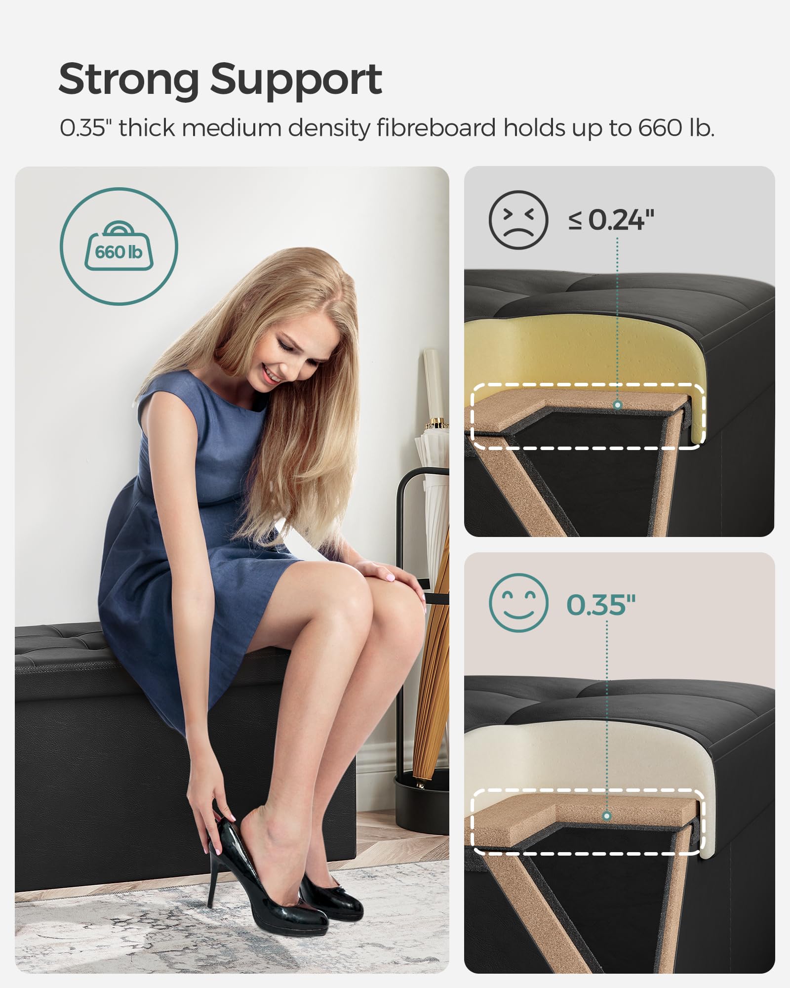 SONGMICS MAZIE Collection - 30 Inches Storage Ottoman Bench with Flipping Lid, Storage Chest Footstool, Load 660 lb, for Entryway, Living Room, Bedroom, Synthetic Leather, Black ULSF45BK - Image 5