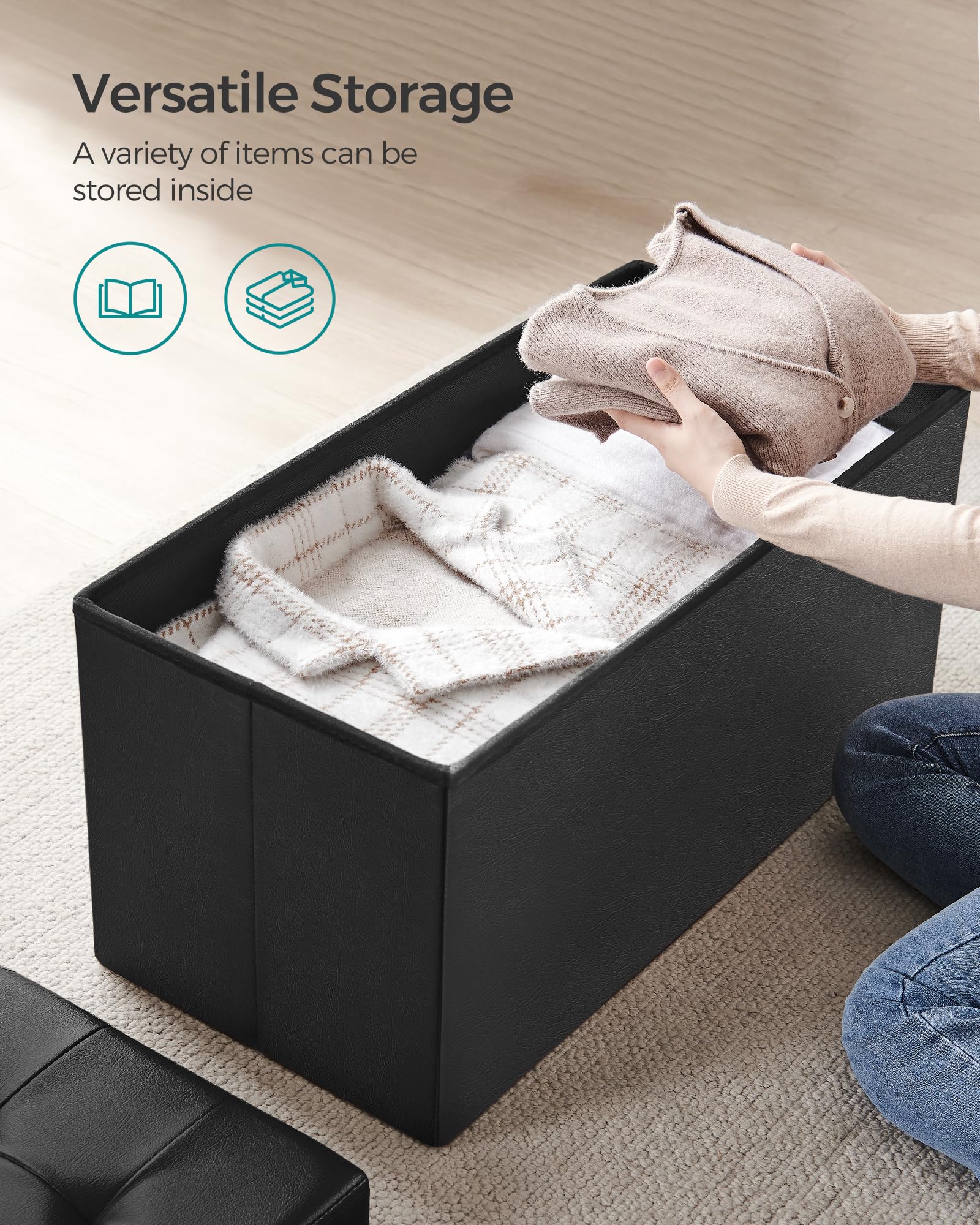 SONGMICS MAZIE Collection - 30 Inches Storage Ottoman Bench with Flipping Lid, Storage Chest Footstool, Load 660 lb, for Entryway, Living Room, Bedroom, Synthetic Leather, Black ULSF45BK - Image 7