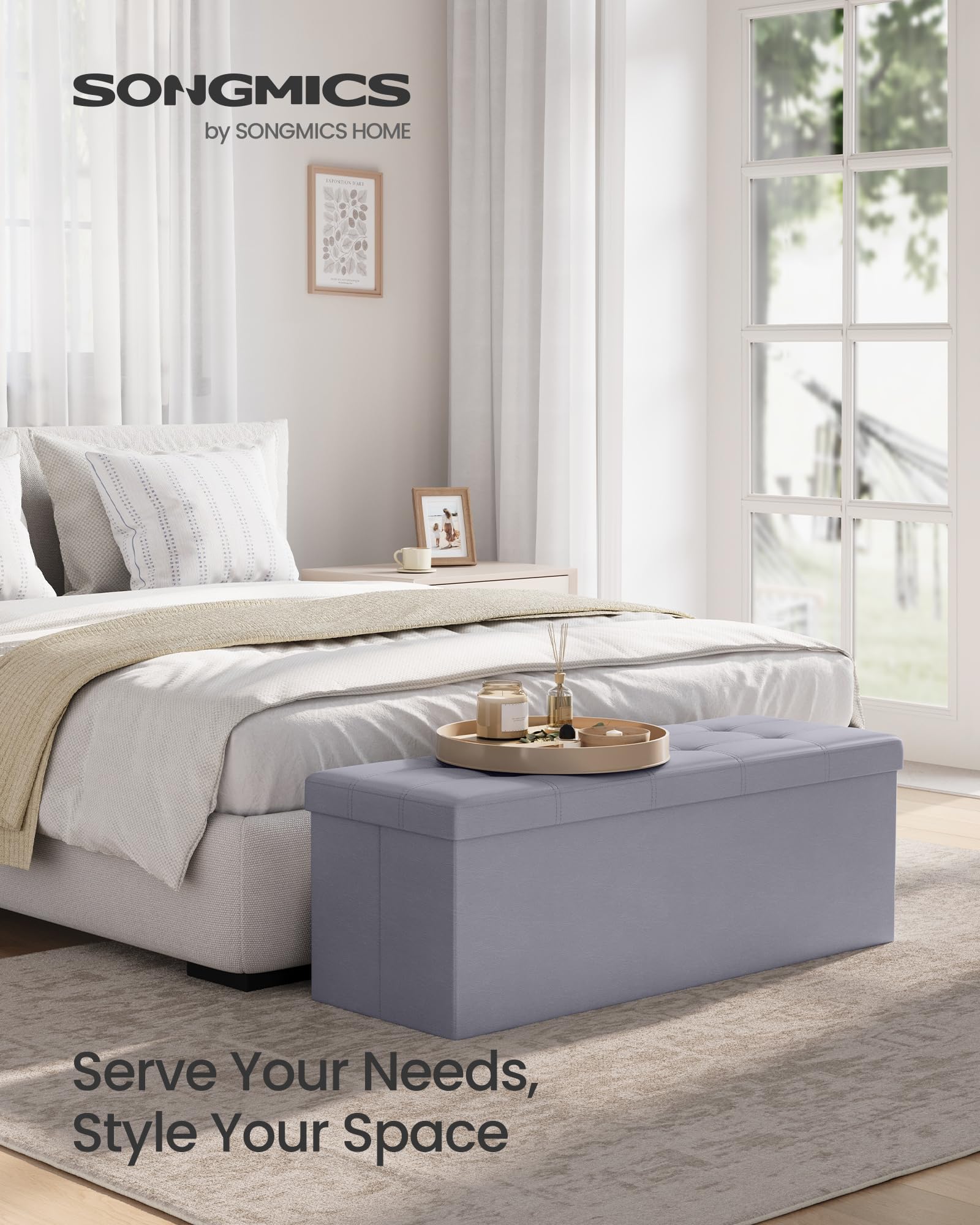 SONGMICS MAZIE Collection - 43 Inches Folding Storage Ottoman Bench, Ottoman with Storage, Foot Rest Stool, Load 660 lb, for Living Room, Synthetic Leather, Light Gray ULSF70GY - Image 3