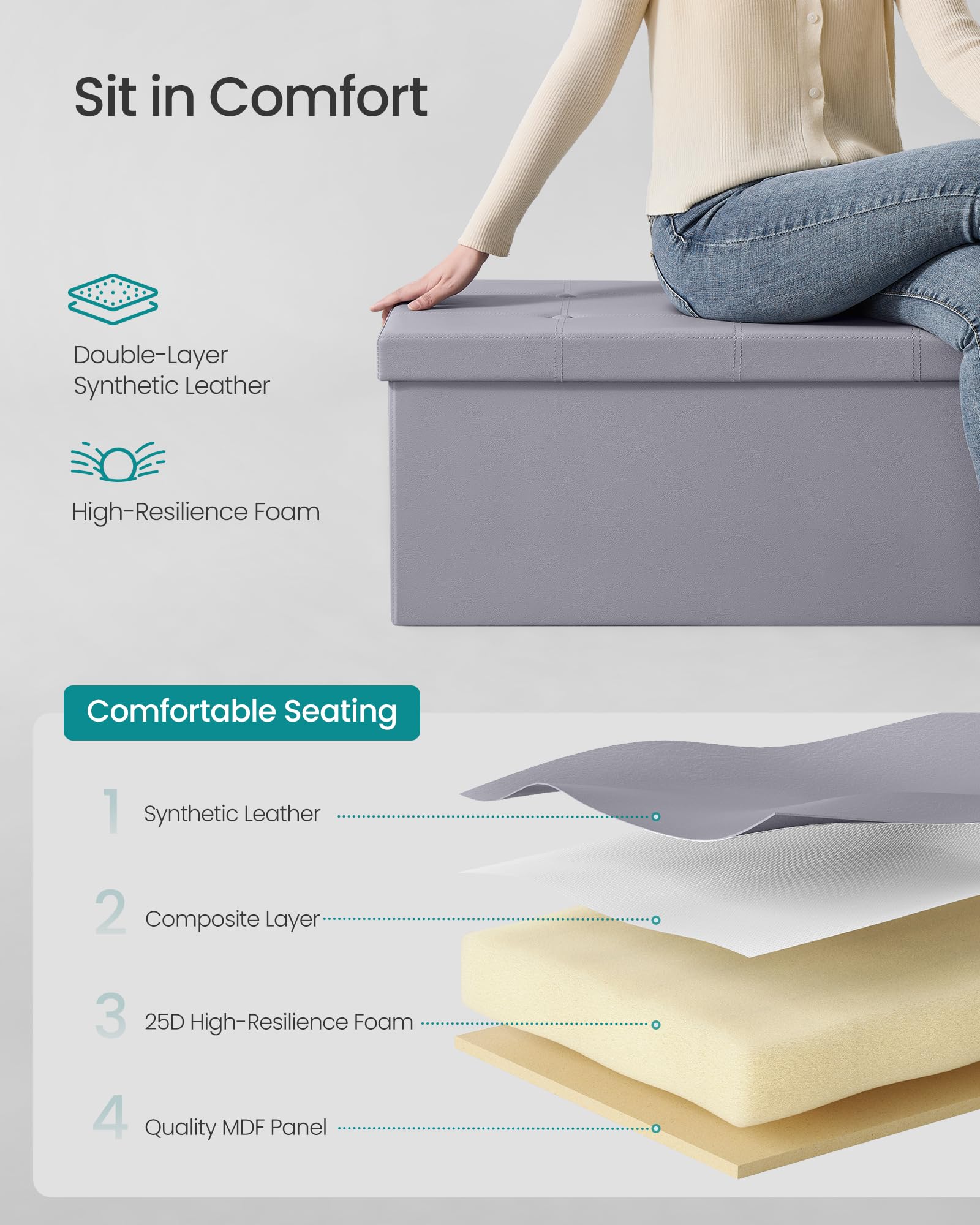 SONGMICS MAZIE Collection - 43 Inches Folding Storage Ottoman Bench, Ottoman with Storage, Foot Rest Stool, Load 660 lb, for Living Room, Synthetic Leather, Light Gray ULSF70GY - Image 5