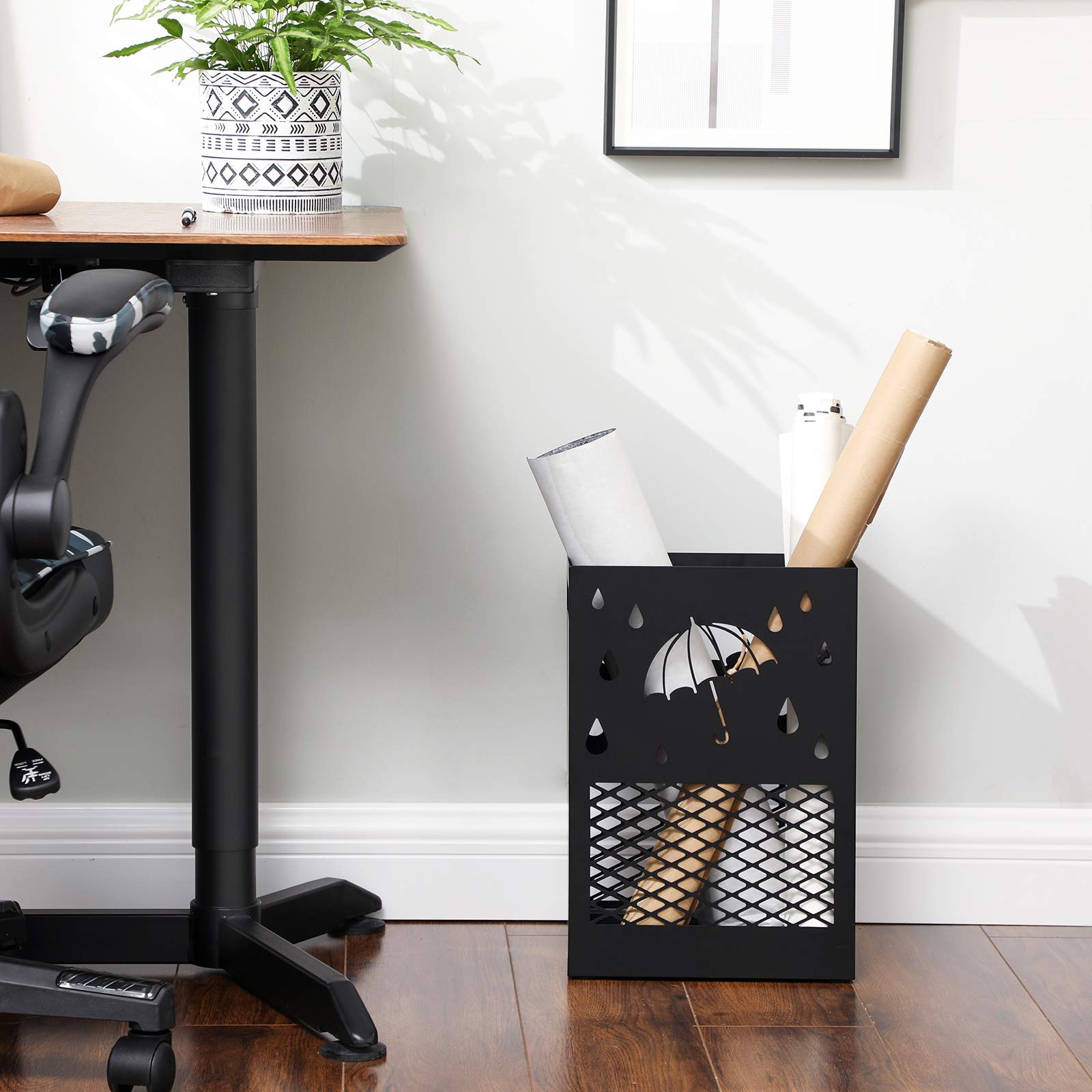 SONGMICS Metal Umbrella Stand, Rectangular Umbrella Holder Rack, with a Removable Drip Tray, 4 Hooks, Cutout Design, for Entryway, Office, Black ULUC004B01 - Image 3