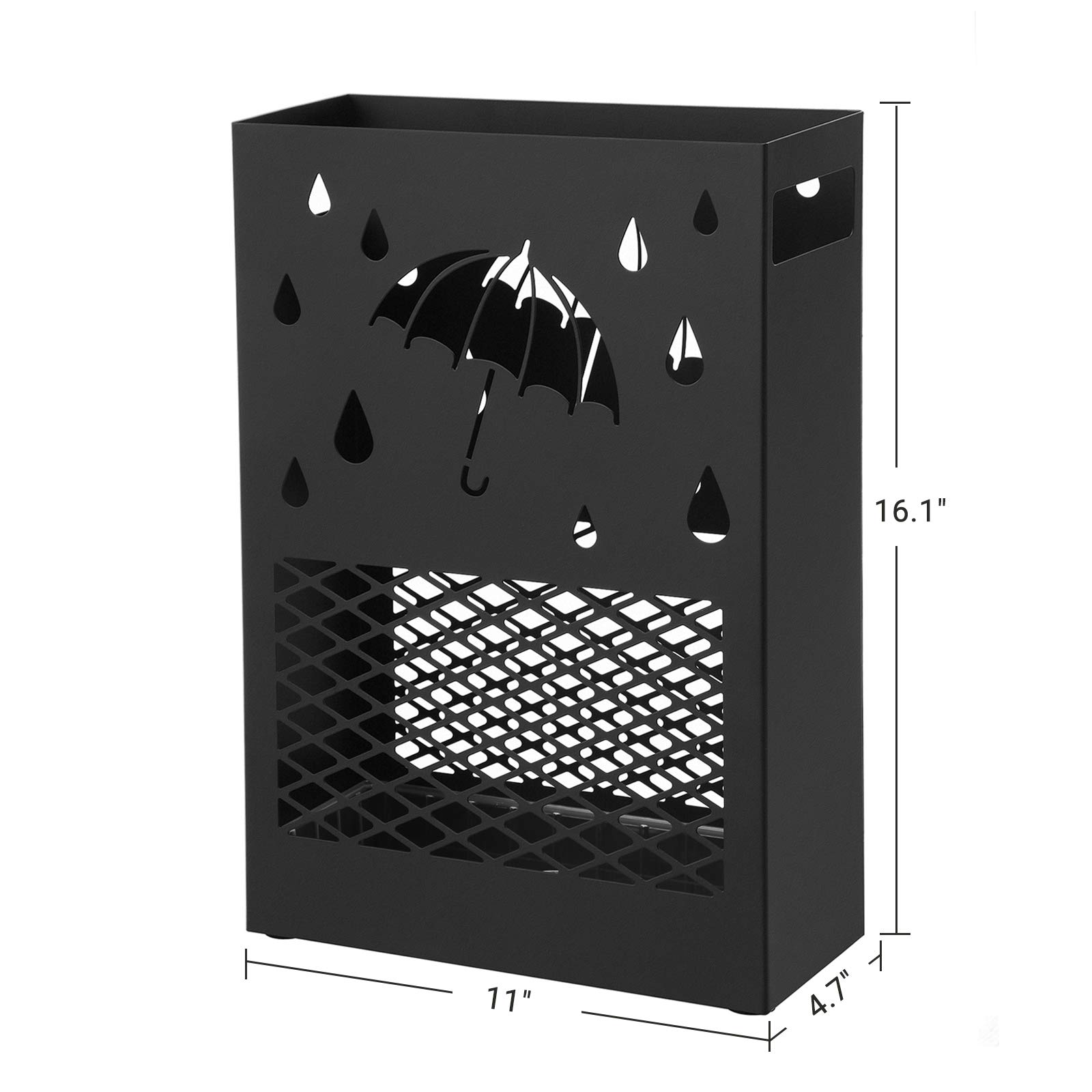 SONGMICS Metal Umbrella Stand, Rectangular Umbrella Holder Rack, with a Removable Drip Tray, 4 Hooks, Cutout Design, for Entryway, Office, Black ULUC004B01 - Image 4