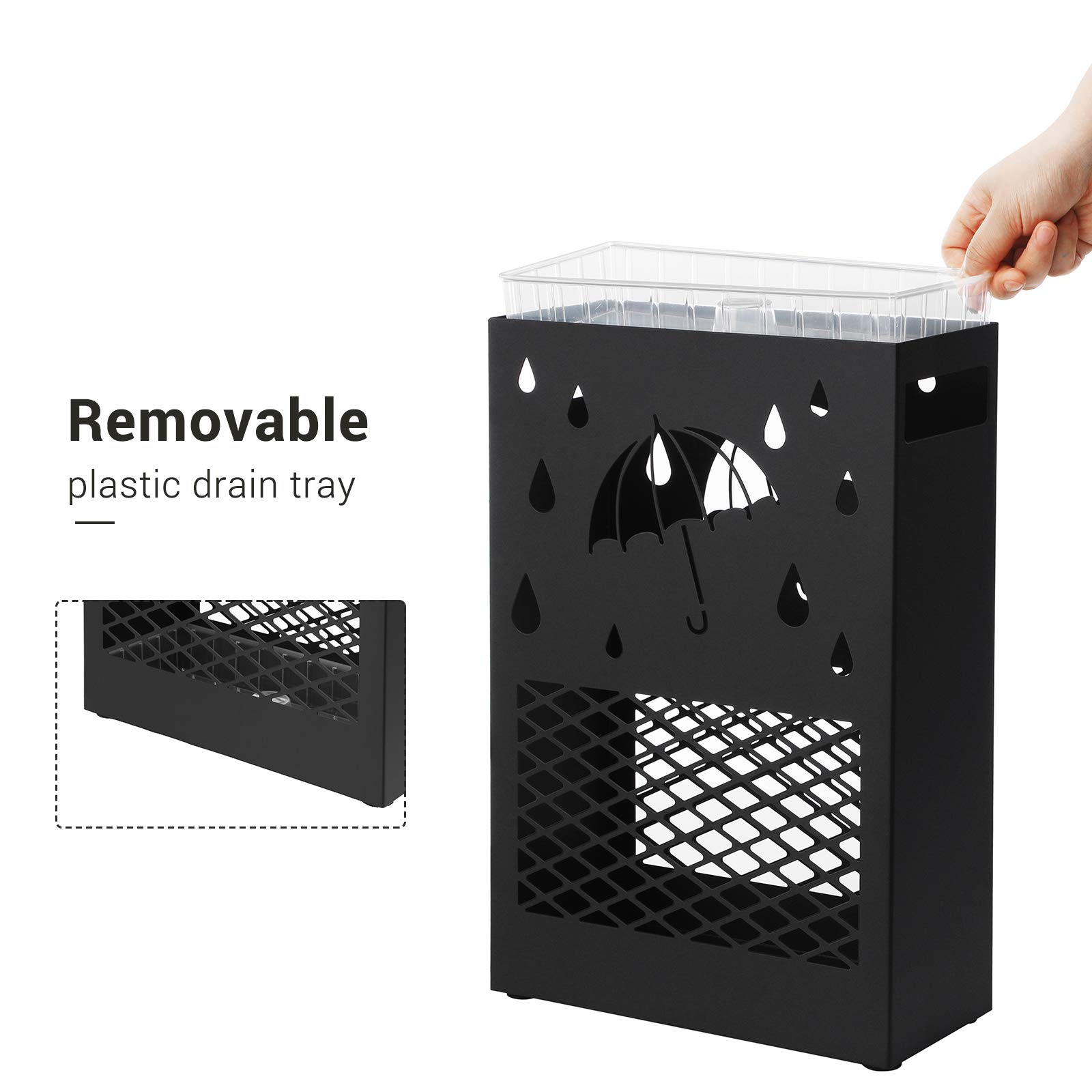 SONGMICS Metal Umbrella Stand, Rectangular Umbrella Holder Rack, with a Removable Drip Tray, 4 Hooks, Cutout Design, for Entryway, Office, Black ULUC004B01 - Image 5
