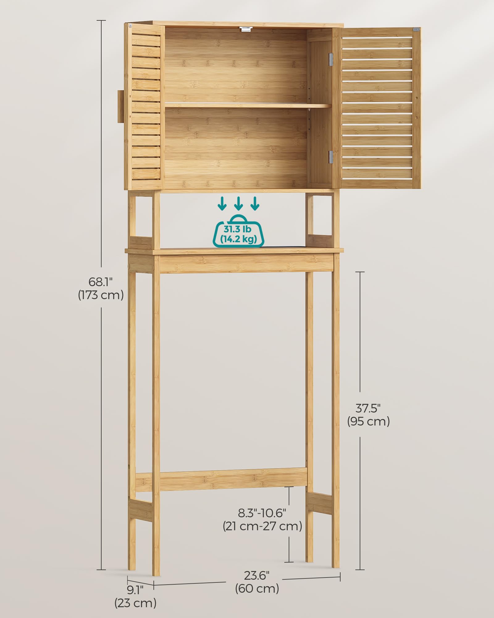 SONGMICS Over The Toilet Storage Cabinet with Charging Station, Bathroom Cabinet with Adjustable Inside Shelf and Bottom Stabilizer Bar, Space-Saving Toilet Rack, Natural Beige UBTS015N01 - Image 3