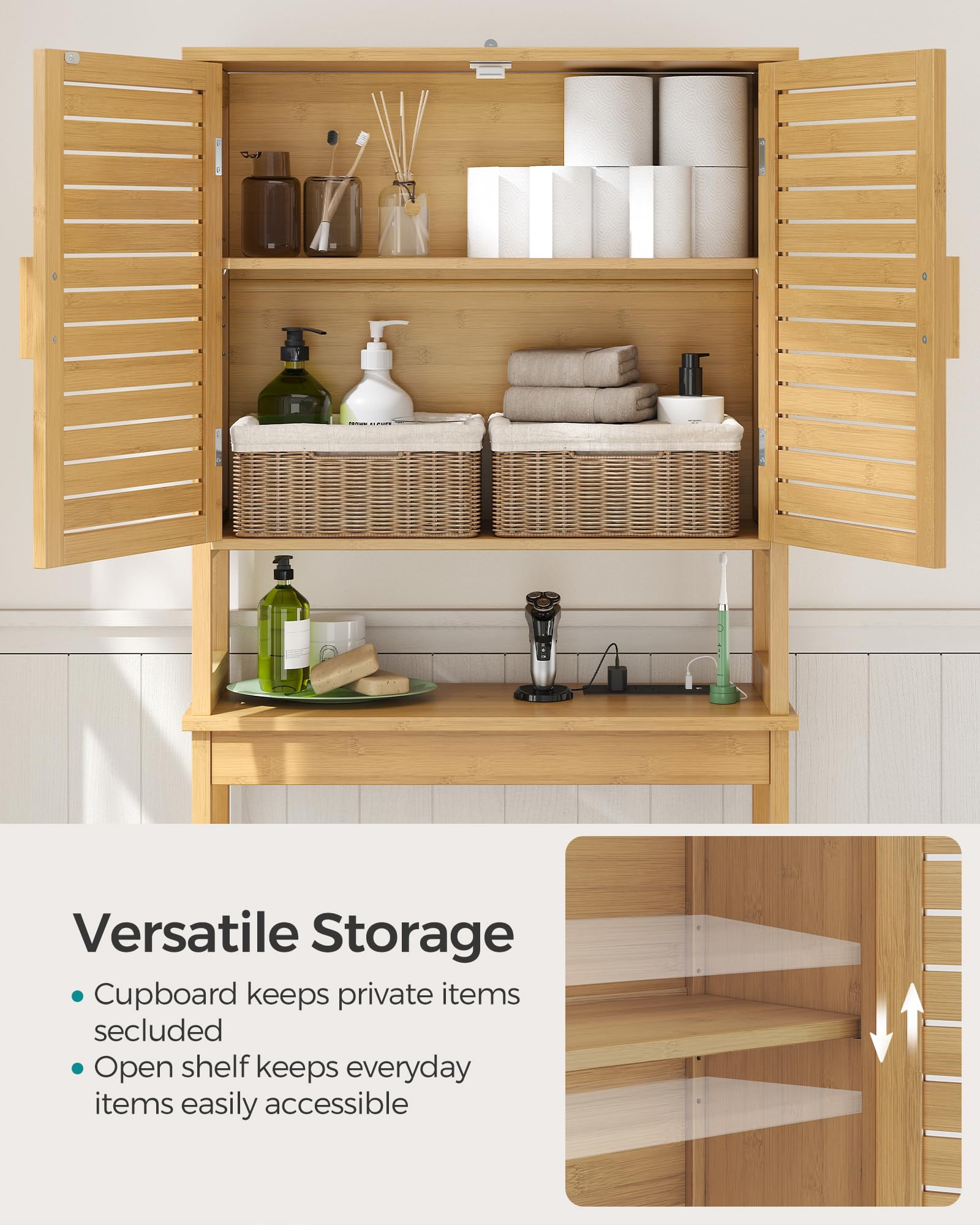 SONGMICS Over The Toilet Storage Cabinet with Charging Station, Bathroom Cabinet with Adjustable Inside Shelf and Bottom Stabilizer Bar, Space-Saving Toilet Rack, Natural Beige UBTS015N01 - Image 4