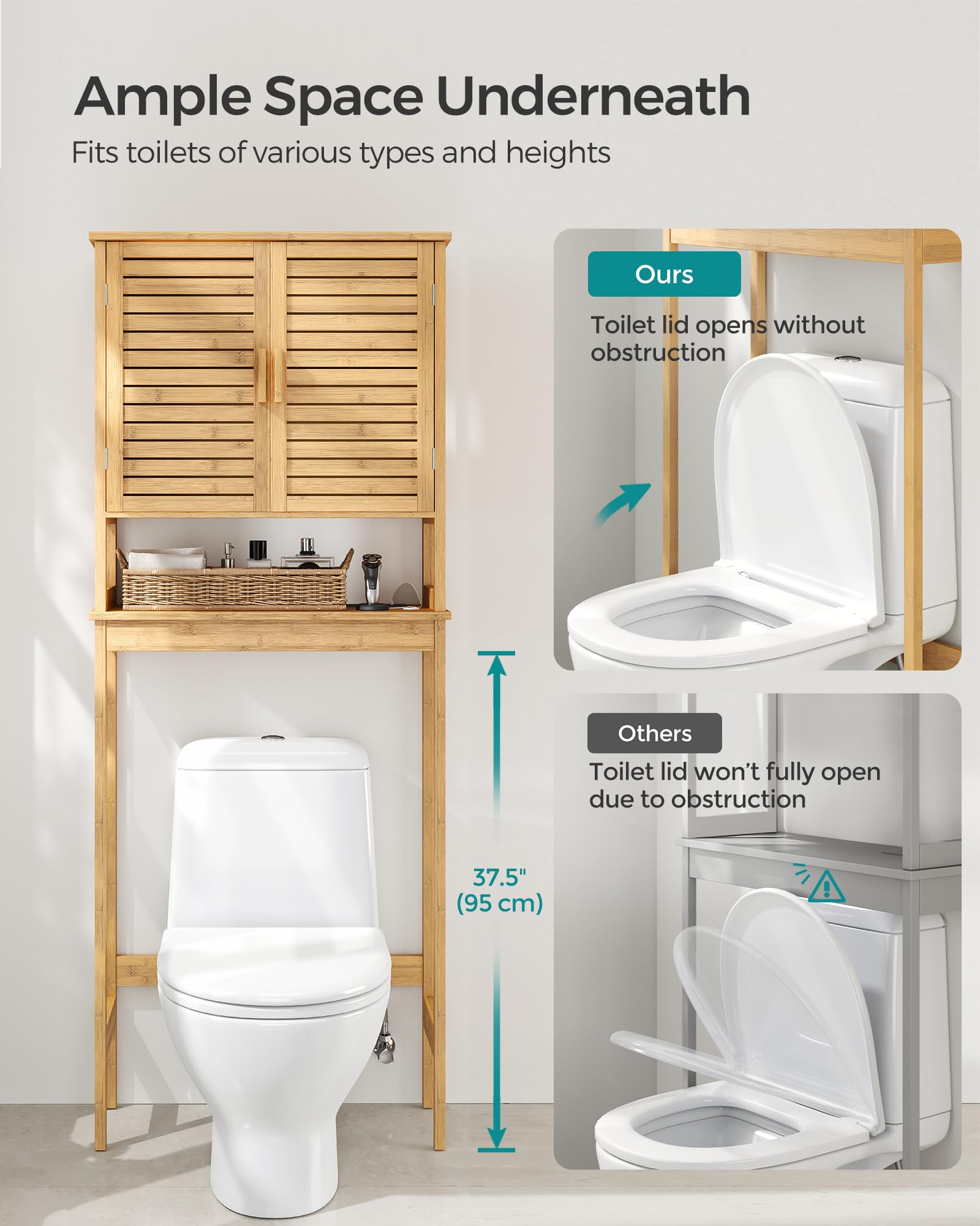 SONGMICS Over The Toilet Storage Cabinet with Charging Station, Bathroom Cabinet with Adjustable Inside Shelf and Bottom Stabilizer Bar, Space-Saving Toilet Rack, Natural Beige UBTS015N01 - Image 6
