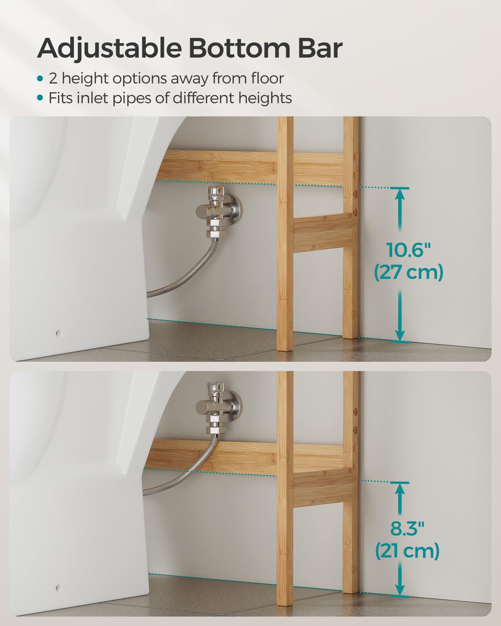 SONGMICS Over The Toilet Storage Cabinet with Charging Station, Bathroom Cabinet with Adjustable Inside Shelf and Bottom Stabilizer Bar, Space-Saving Toilet Rack, Natural Beige UBTS015N01 - Image 7
