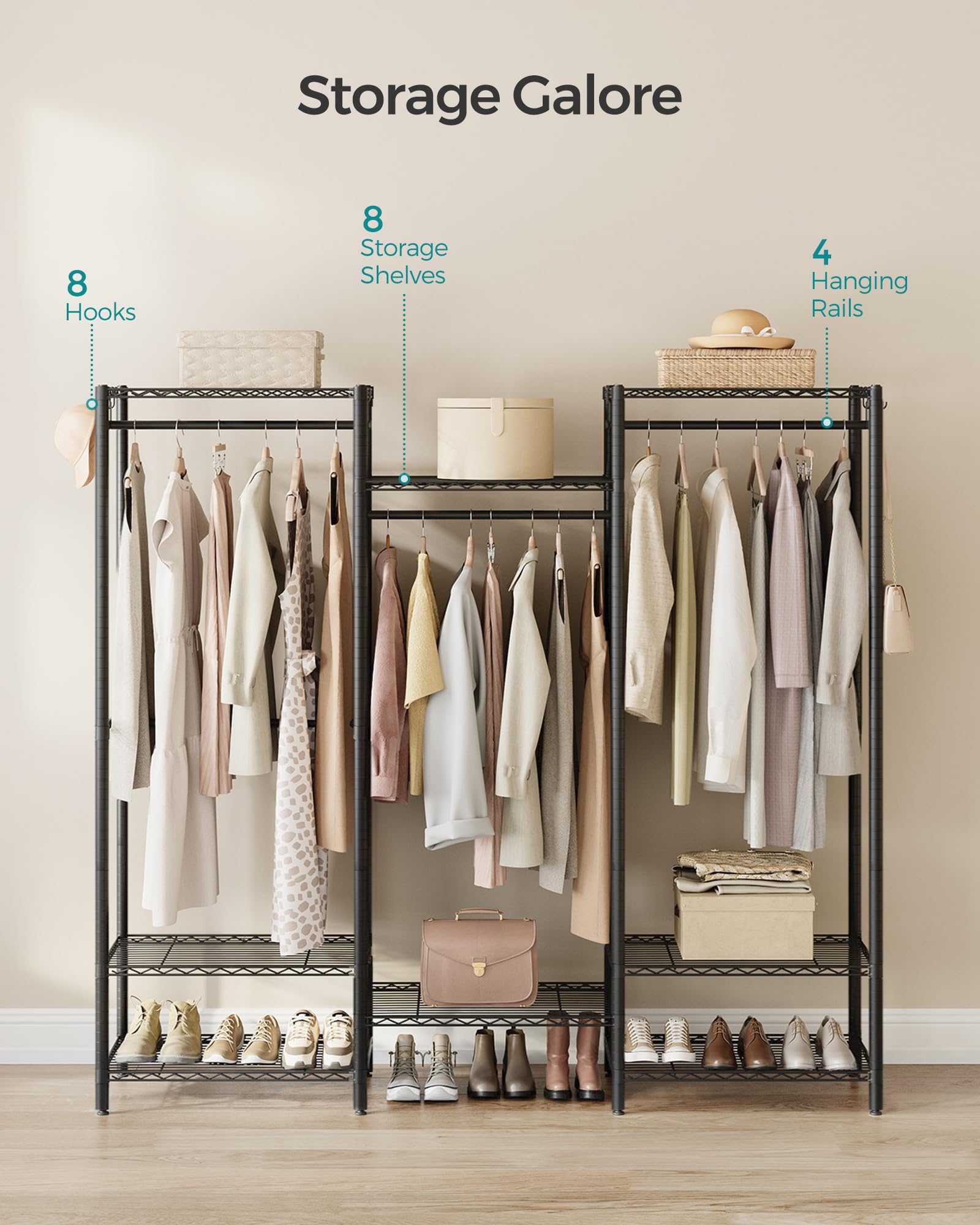 SONGMICS Portable Wardrobe Closet Heavy Duty Clothes Rack, Freestanding Closet Organizer,15.8 x 68.9 x 70.9 inches,Metal Garment Rack with Adjustable Wire Shelves, Dividable, Ink Black ULGR431B01 - Image 4