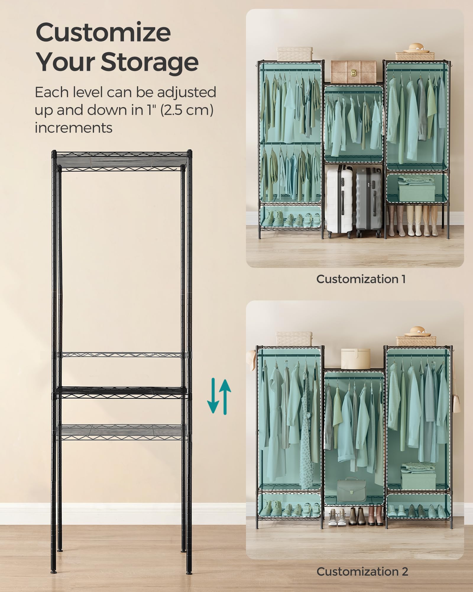 SONGMICS Portable Wardrobe Closet Heavy Duty Clothes Rack, Freestanding Closet Organizer,15.8 x 68.9 x 70.9 inches,Metal Garment Rack with Adjustable Wire Shelves, Dividable, Ink Black ULGR431B01 - Image 5