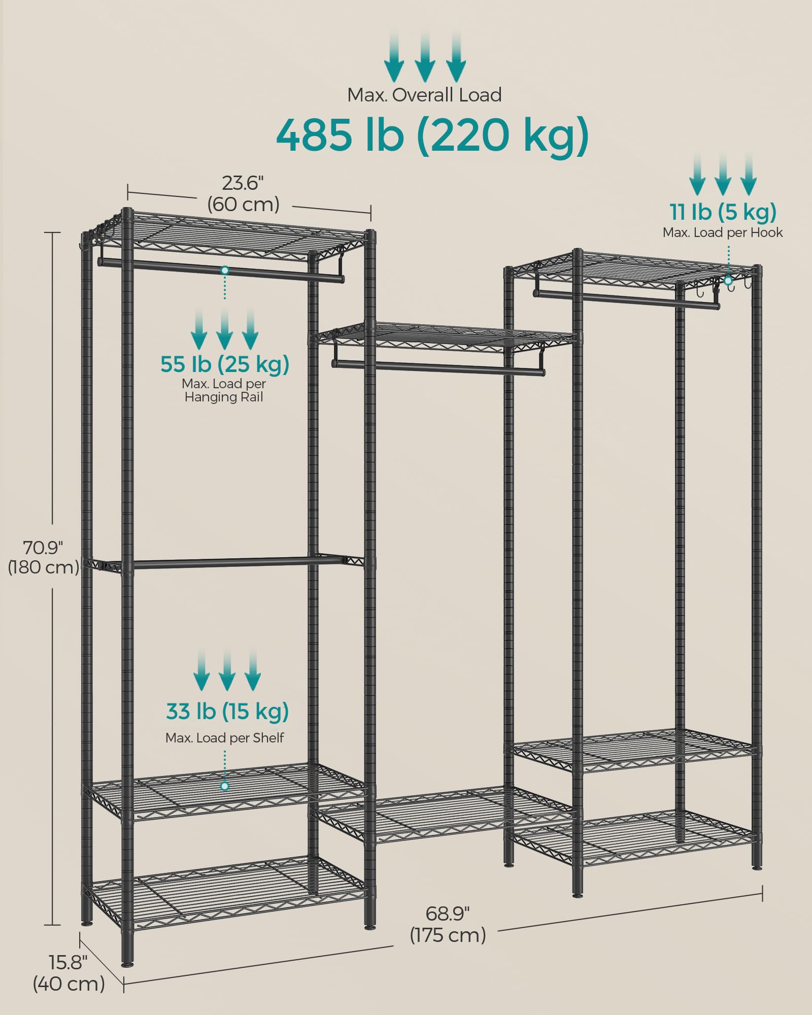 SONGMICS Portable Wardrobe Closet Heavy Duty Clothes Rack, Freestanding Closet Organizer,15.8 x 68.9 x 70.9 inches,Metal Garment Rack with Adjustable Wire Shelves, Dividable, Ink Black ULGR431B01 - Image 6