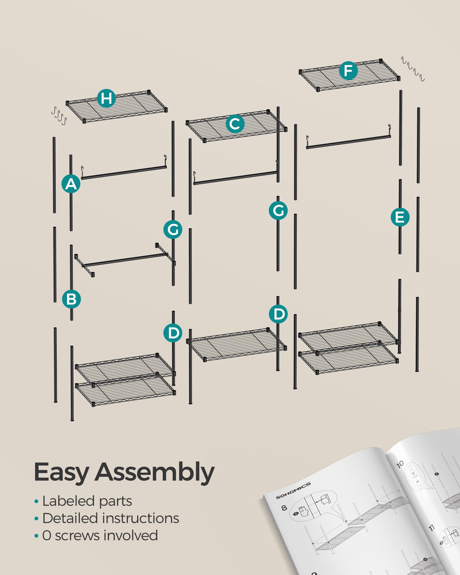 SONGMICS Portable Wardrobe Closet Heavy Duty Clothes Rack, Freestanding Closet Organizer,15.8 x 68.9 x 70.9 inches,Metal Garment Rack with Adjustable Wire Shelves, Dividable, Ink Black ULGR431B01 - Image 8
