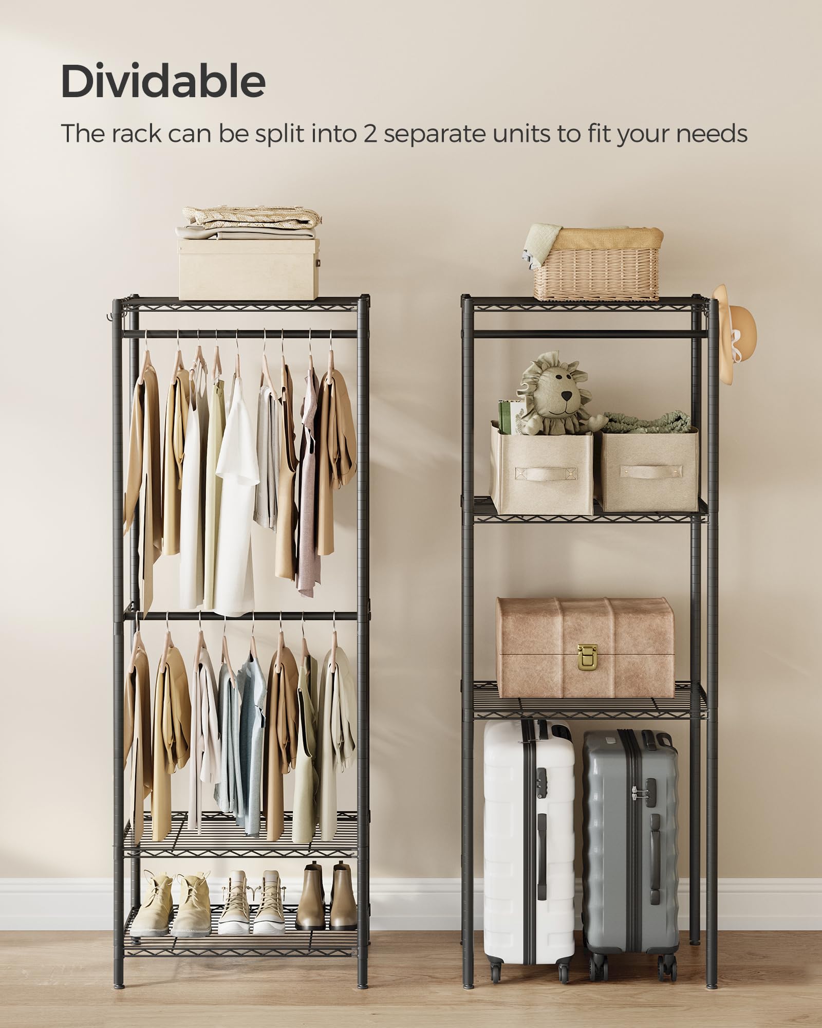 SONGMICS Portable Wardrobe Closet Heavy Duty Clothes Rack, Freestanding Closet Organizer,15.8 x 68.9 x 70.9 inches,Metal Garment Rack with Adjustable Wire Shelves, Dividable, Ink Black ULGR431B01 - Image 9