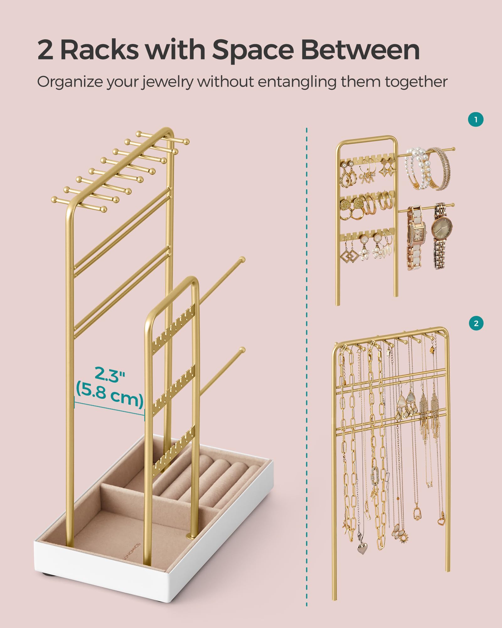 SONGMICS Set of 2 Jewelry Holders, Jewelry Organizers Display Stands with Metal Frame, Velvet Tray, Necklace Earring Bracelet Holders, for Studs, Rings, Gift Idea, Pale Gold UJJS021A01V1-2J - Image 3