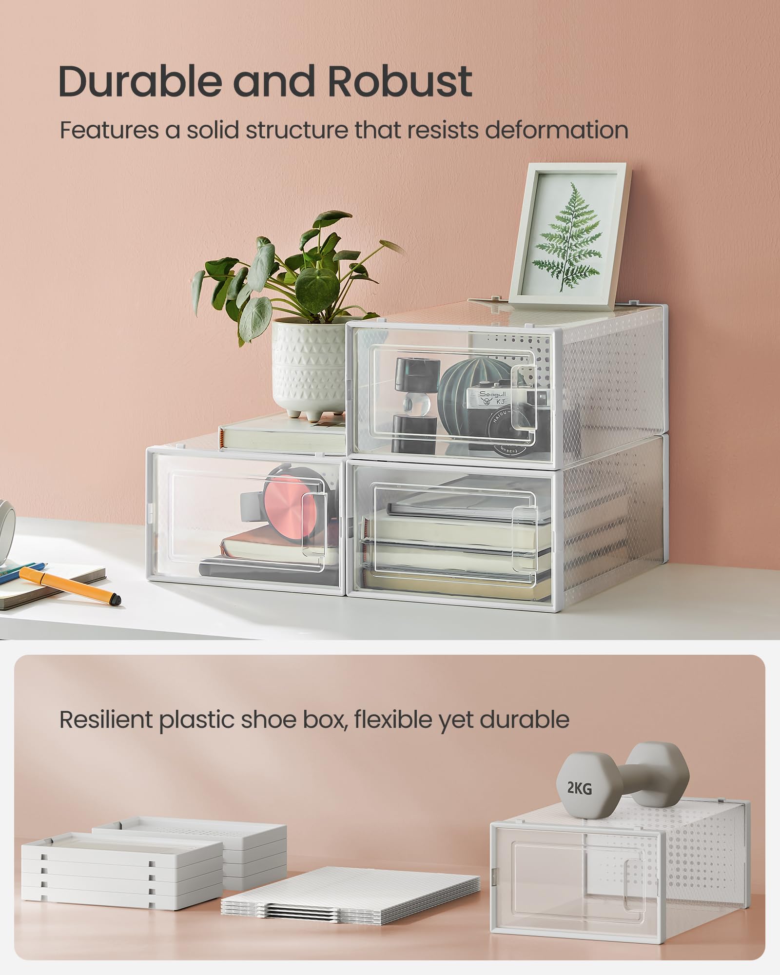 SONGMICS Shoe Boxes, Pack of 12 Shoe Storage Organizers, Stackable Clear Plastic Boxes for Closet, Sneakers, 13.1 x 9.1 x 5.6 Inches, Transparent and White ULSP12SWT - Image 5