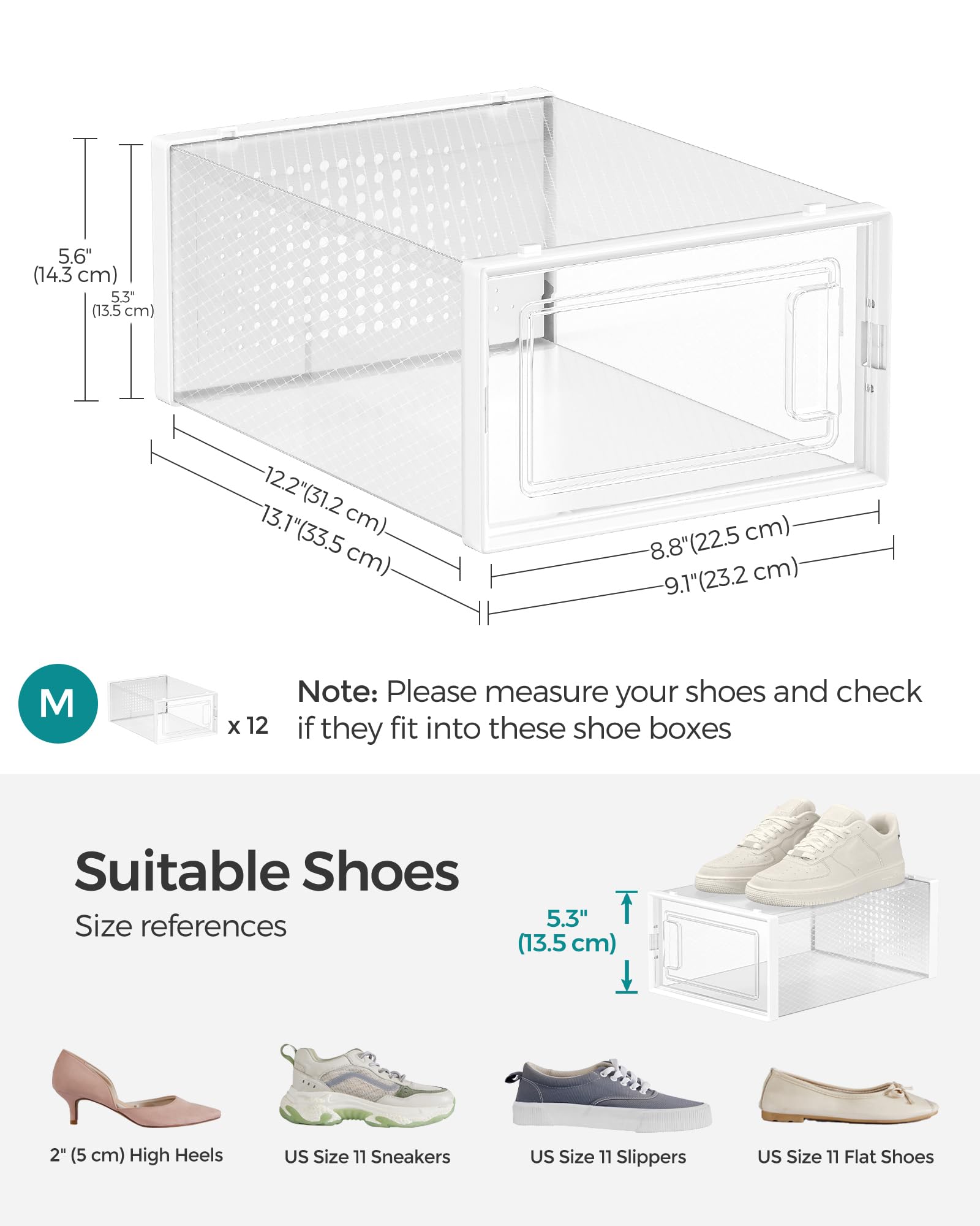 SONGMICS Shoe Boxes, Pack of 12 Shoe Storage Organizers, Stackable Clear Plastic Boxes for Closet, Sneakers, 13.1 x 9.1 x 5.6 Inches, Transparent and White ULSP12SWT - Image 6