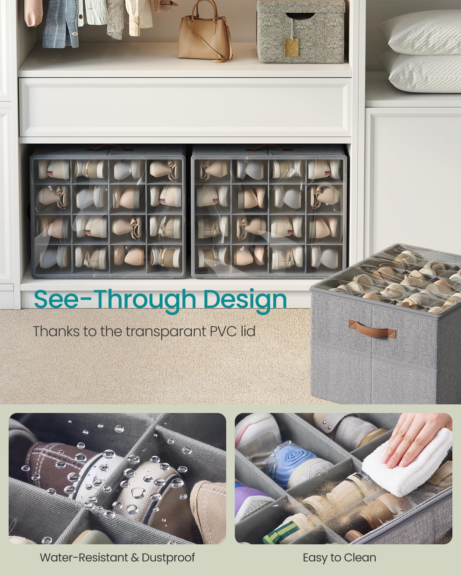 SONGMICS Shoe Organizer for Closet, Shoe Storage Bin, Fits 16 Pairs, Fabric Container with Handles and Clear Cover, Adjustable Dividers, Customizable, Dove Gray ULSP555G01 - Image 3