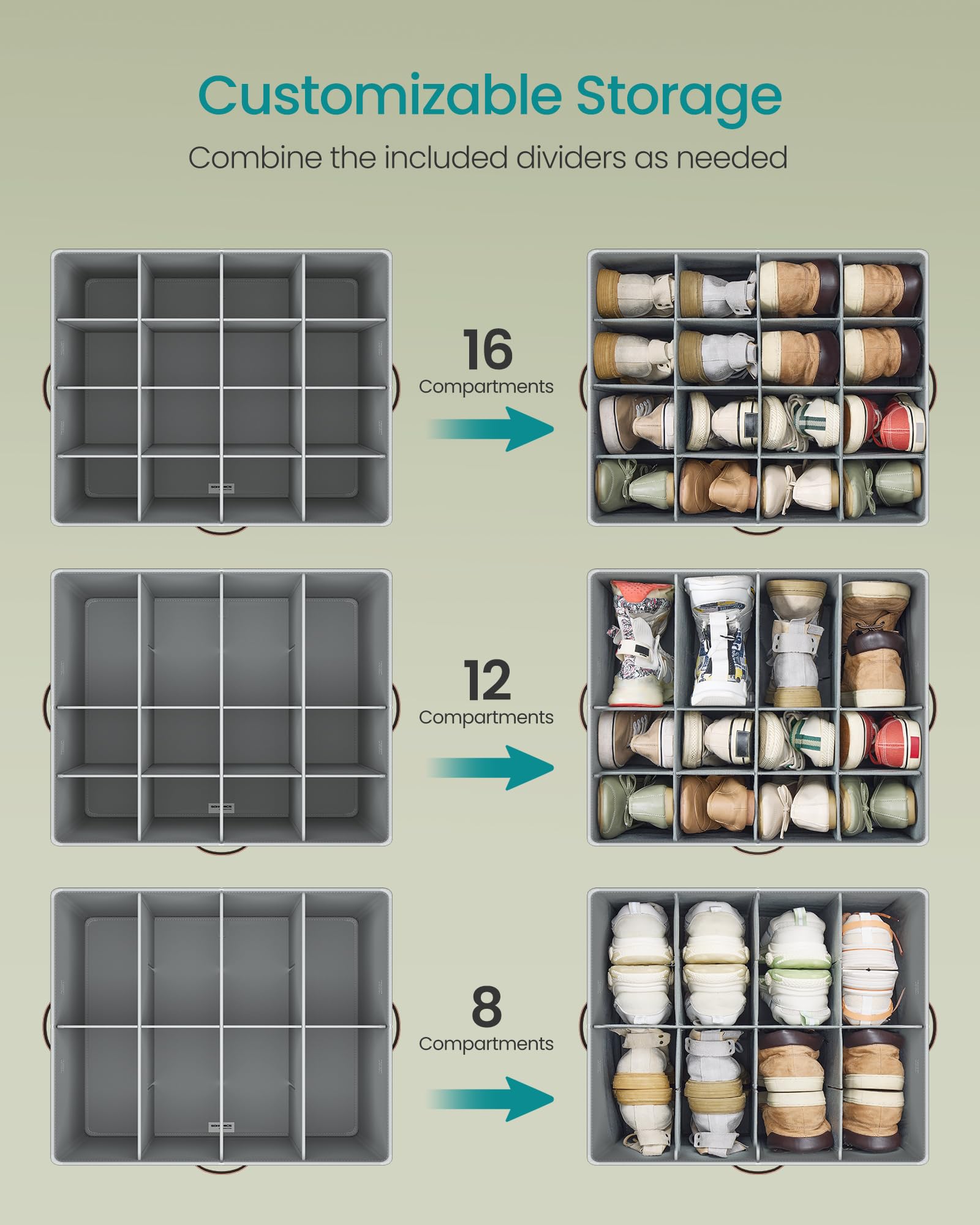 SONGMICS Shoe Organizer for Closet, Shoe Storage Bin, Fits 16 Pairs, Fabric Container with Handles and Clear Cover, Adjustable Dividers, Customizable, Dove Gray ULSP555G01 - Image 4