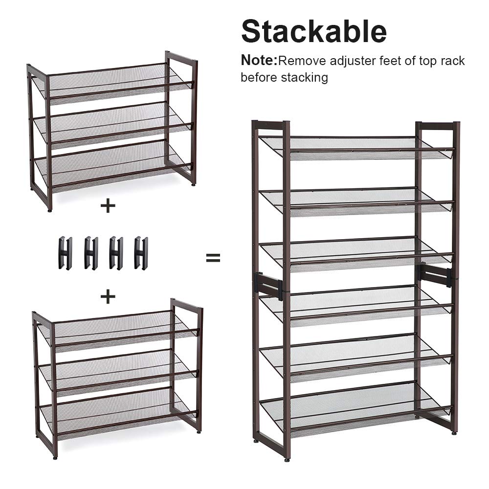 SONGMICS Shoe Rack, 6-Tier Shoe Organizer, Metal Rack for Garage, Set of 2, 3-Tier Stackable Shelf, with Adjustable Flat or Angled Shelves, 18-24 Pairs, Bronze ULMR03A-2 - Image 7