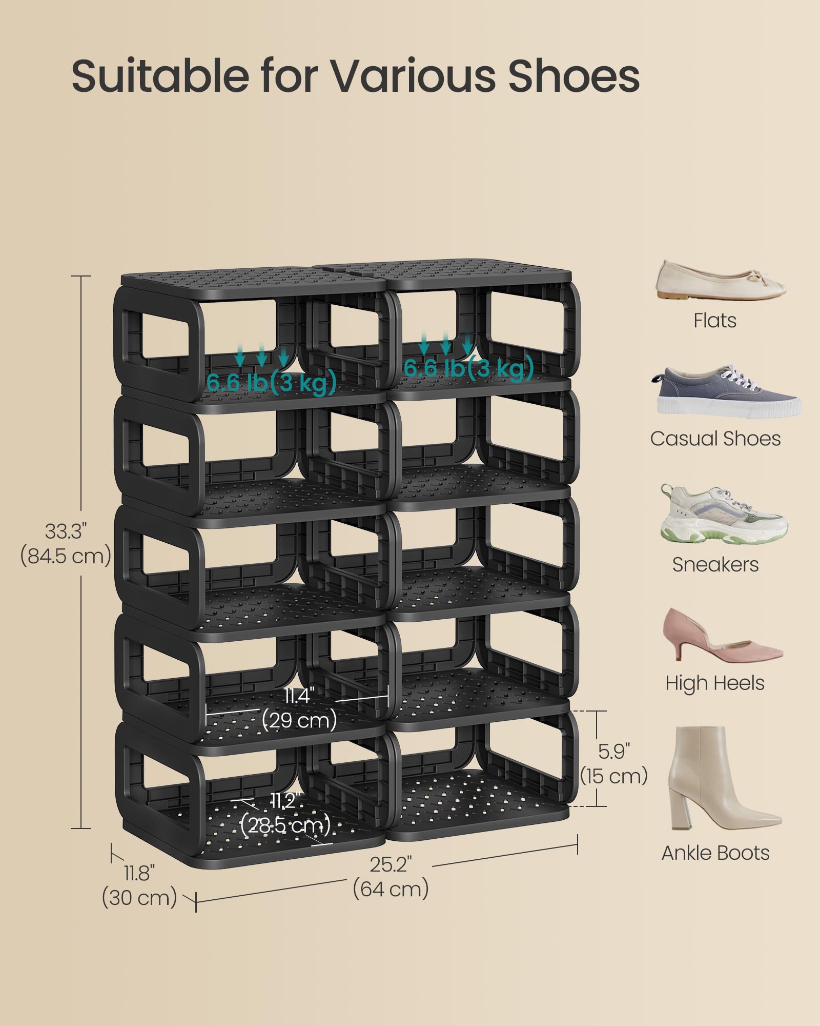 SONGMICS Shoe Rack, Shoe Organizer, 12 Shelves, Shoe Storage, Narrow Shoe Shelf, Open Shelf for Entryway, Living Room, Bathroom, Space-Saving, Ink Black ULPC038B01 - Image 6