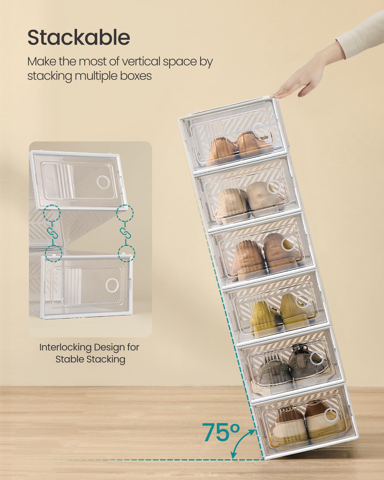 SONGMICS Stackable Shoe Boxes, Foldable Shoe Storage Organizers, Ventilated, for Max. Men's Shoes US Size 9 or Women's Shoes US Size 11, Sneakers, Set of 12, Transparent and White ULSP106W12V2 - Image 3