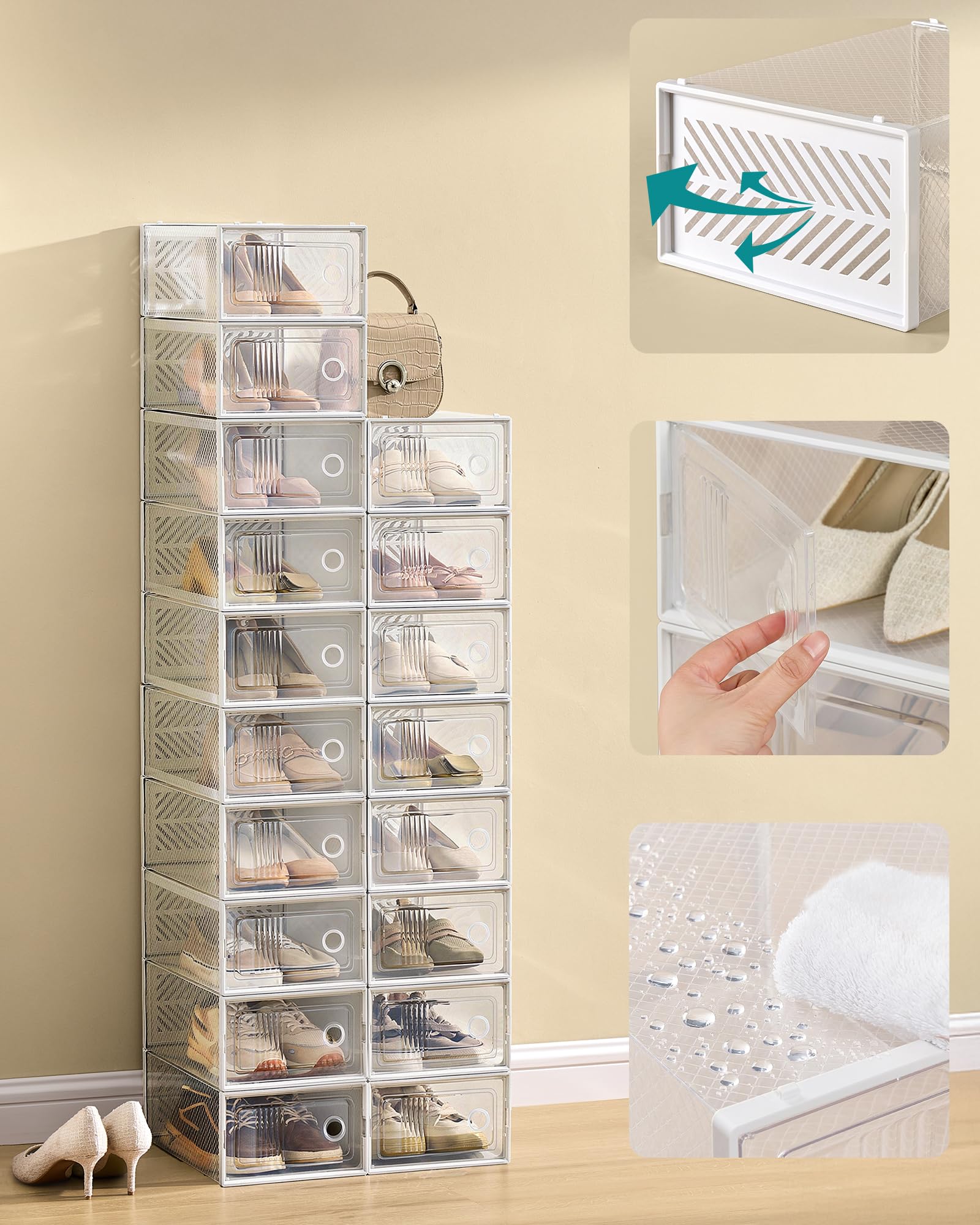 SONGMICS Stackable Shoe Boxes, Foldable Shoe Storage Organizers, Ventilated, for Max. Men's Shoes US Size 9 or Women's Shoes US Size 11, Sneakers, Set of 12, Transparent and White ULSP106W12V2 - Image 4