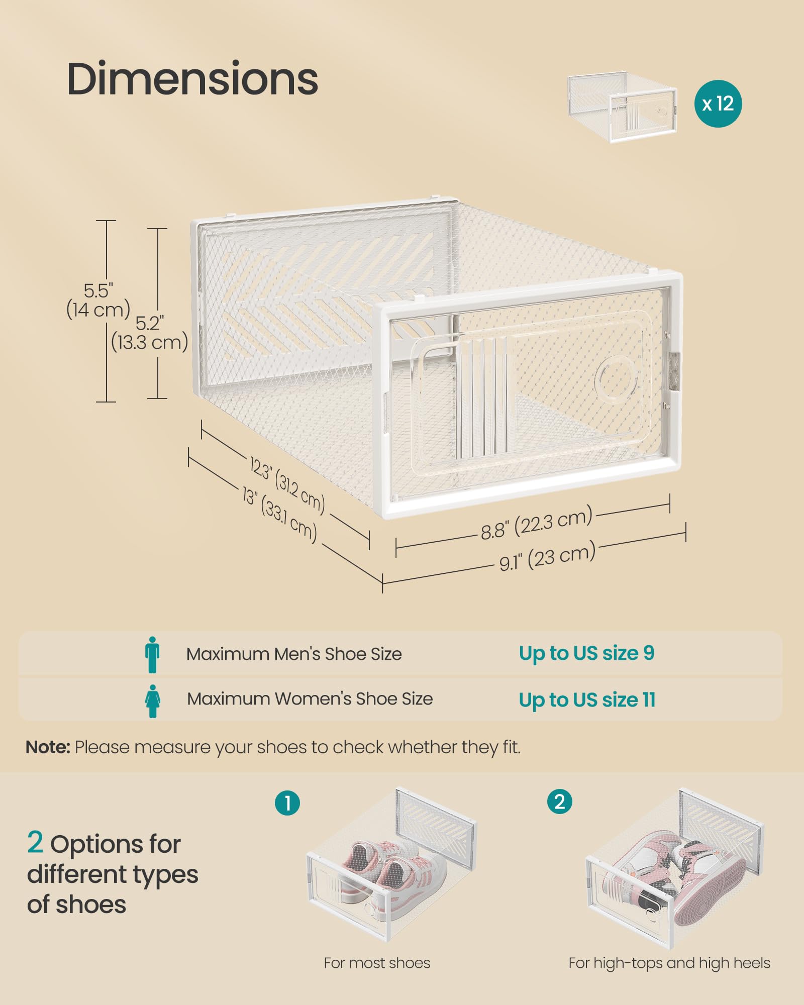 SONGMICS Stackable Shoe Boxes, Foldable Shoe Storage Organizers, Ventilated, for Max. Men's Shoes US Size 9 or Women's Shoes US Size 11, Sneakers, Set of 12, Transparent and White ULSP106W12V2 - Image 5