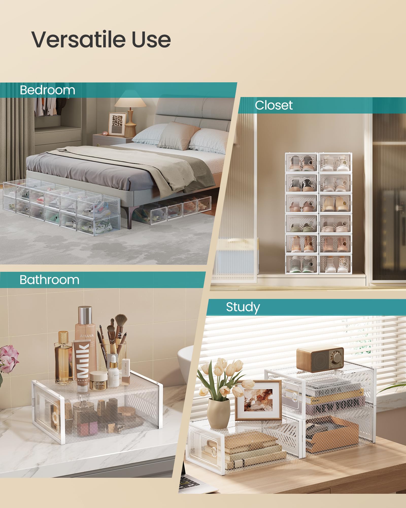 SONGMICS Stackable Shoe Boxes, Foldable Shoe Storage Organizers, Ventilated, for Max. Men's Shoes US Size 9 or Women's Shoes US Size 11, Sneakers, Set of 12, Transparent and White ULSP106W12V2 - Image 6