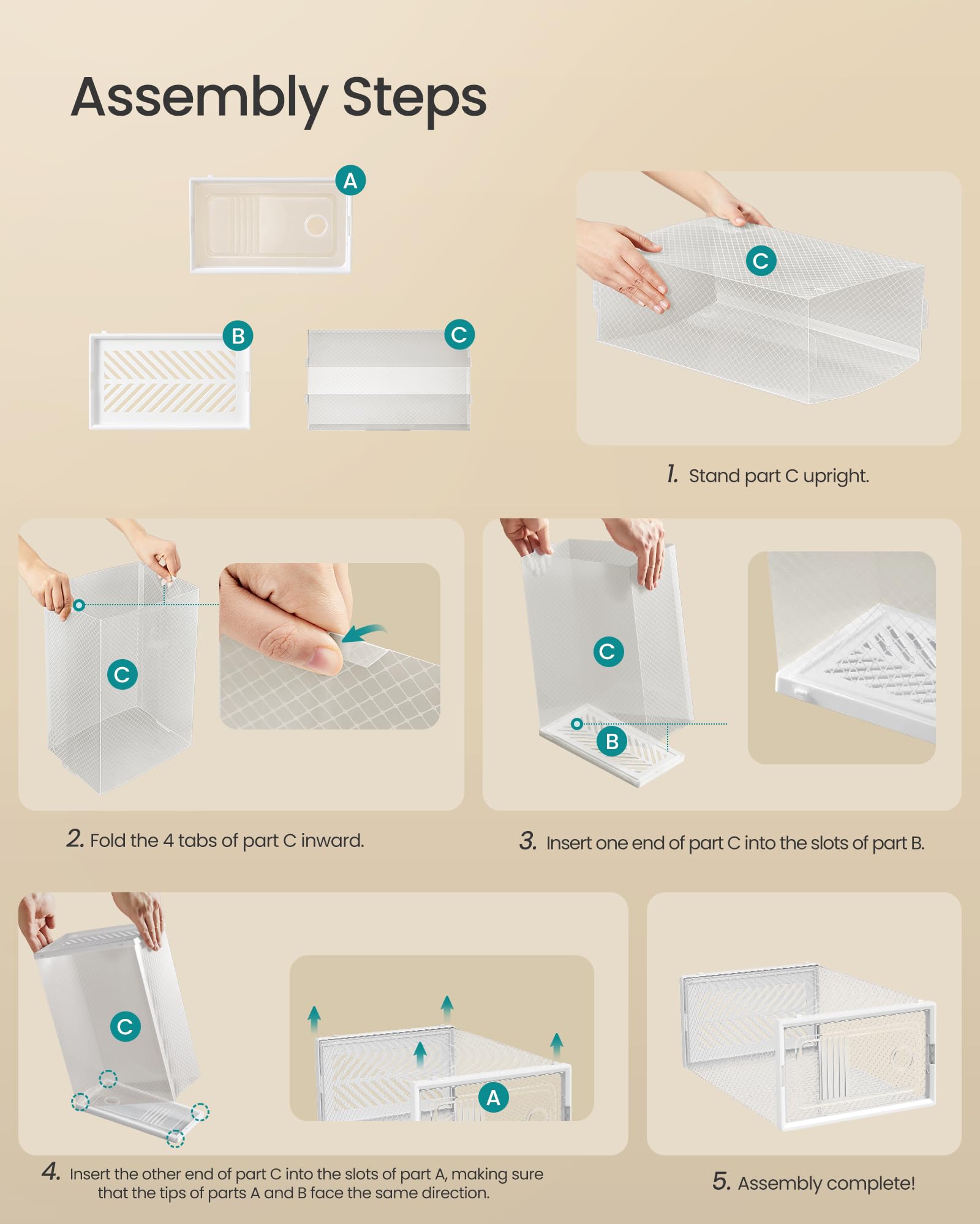 SONGMICS Stackable Shoe Boxes, Foldable Shoe Storage Organizers, Ventilated, for Max. Men's Shoes US Size 9 or Women's Shoes US Size 11, Sneakers, Set of 12, Transparent and White ULSP106W12V2 - Image 7