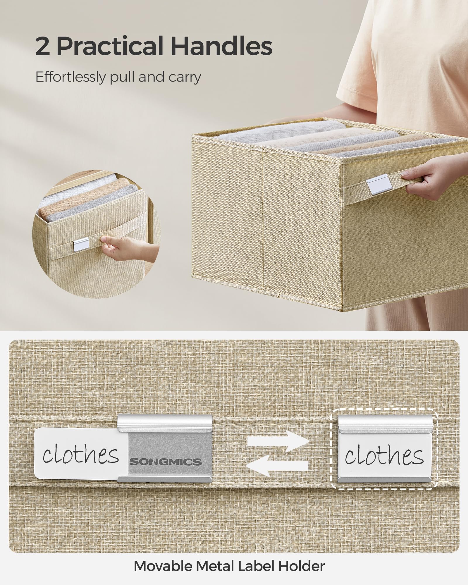 SONGMICS Storage Baskets, Set of 2 Storage Bins, 15.7 x 11.8 x 9.8 Inches, 2 Handles, Oxford Fabric and Linen-Look Fabric, Easy to Clean, Foldable, Metal Label Holders, Summer Sand UROB240Y02 - Image 4