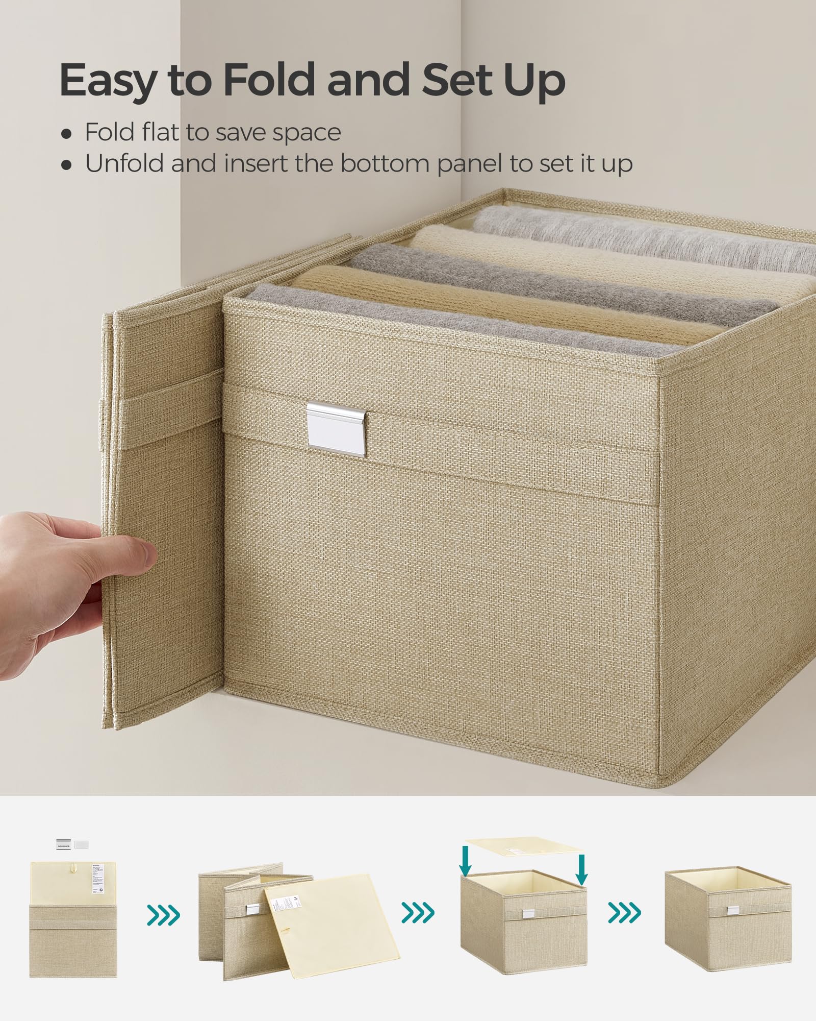 SONGMICS Storage Baskets, Set of 2 Storage Bins, 15.7 x 11.8 x 9.8 Inches, 2 Handles, Oxford Fabric and Linen-Look Fabric, Easy to Clean, Foldable, Metal Label Holders, Summer Sand UROB240Y02 - Image 6