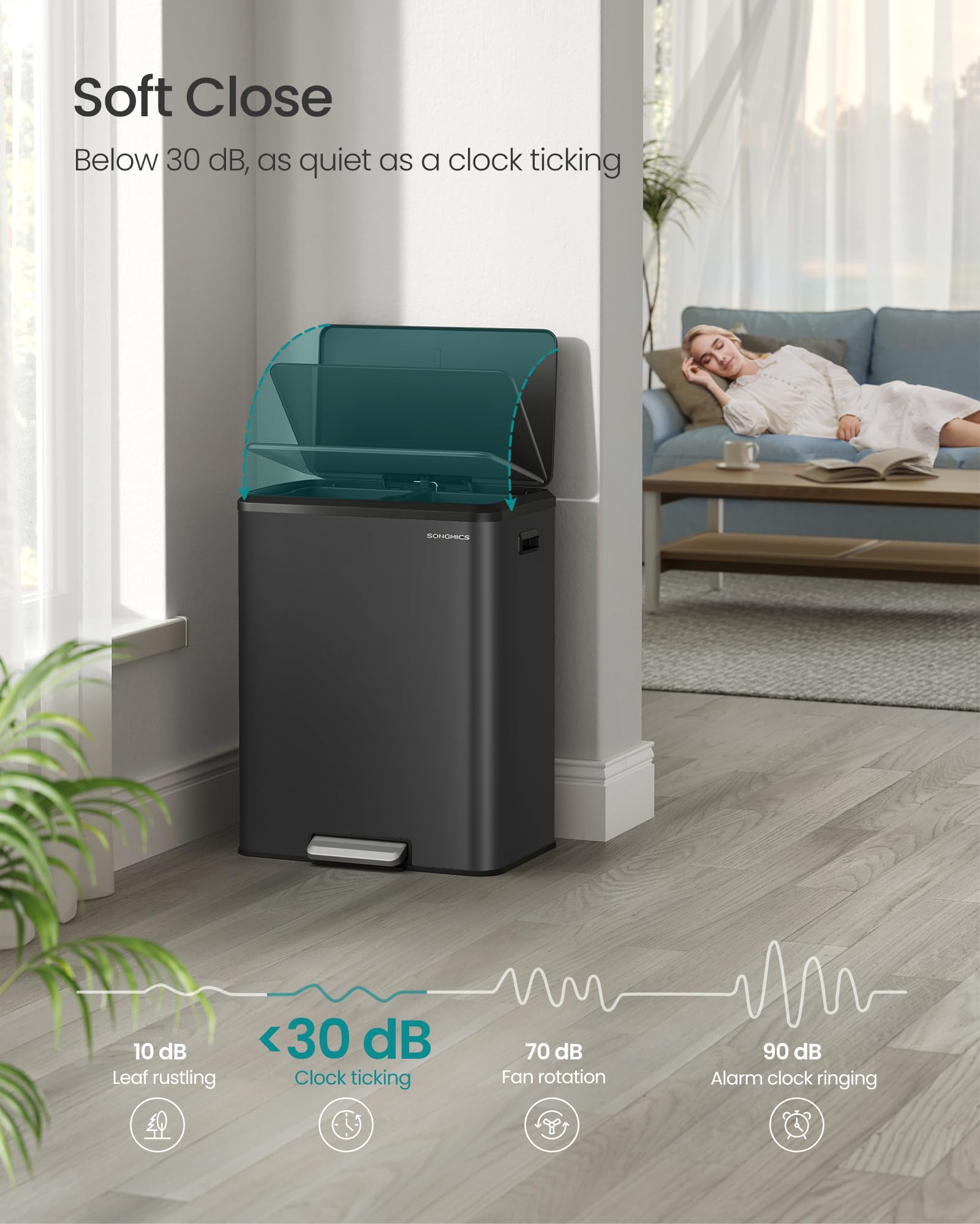 SONGMICS Trash Can, 2 x 8 Gallon (2 x 30 L) Double Garabge Can for Recycling and Waste, Stainless Steel, Soft-Close Lid, Inner Buckets, Wide Sturdy Pedal, Ink Black ULTB556B01 - Image 3