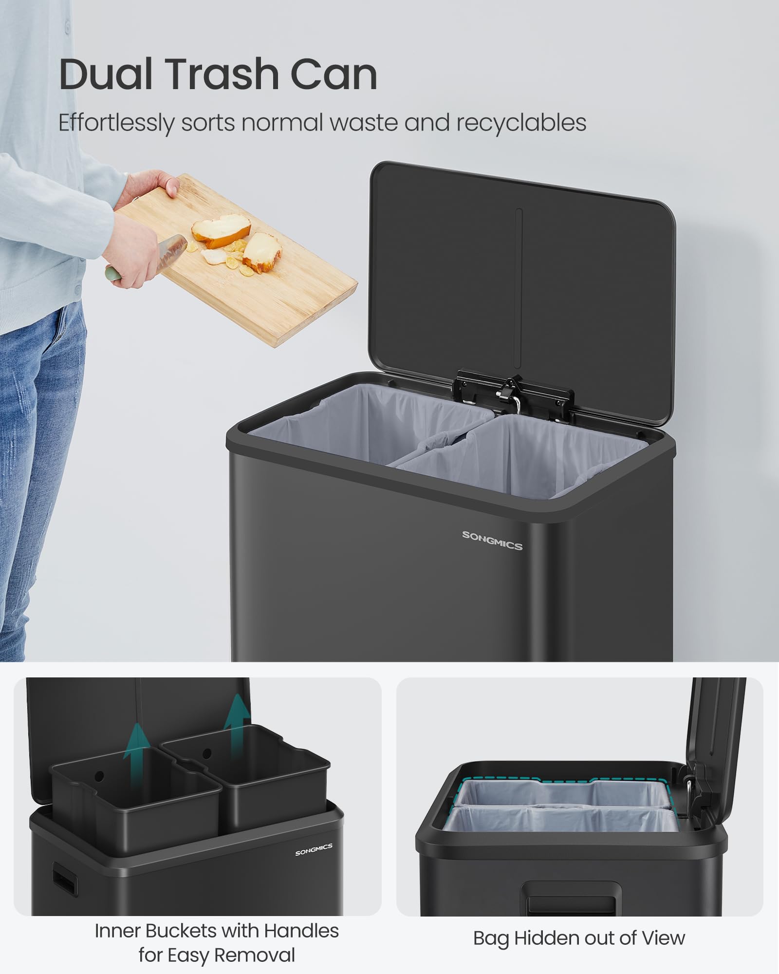 SONGMICS Trash Can, 2 x 8 Gallon (2 x 30 L) Double Garabge Can for Recycling and Waste, Stainless Steel, Soft-Close Lid, Inner Buckets, Wide Sturdy Pedal, Ink Black ULTB556B01 - Image 4