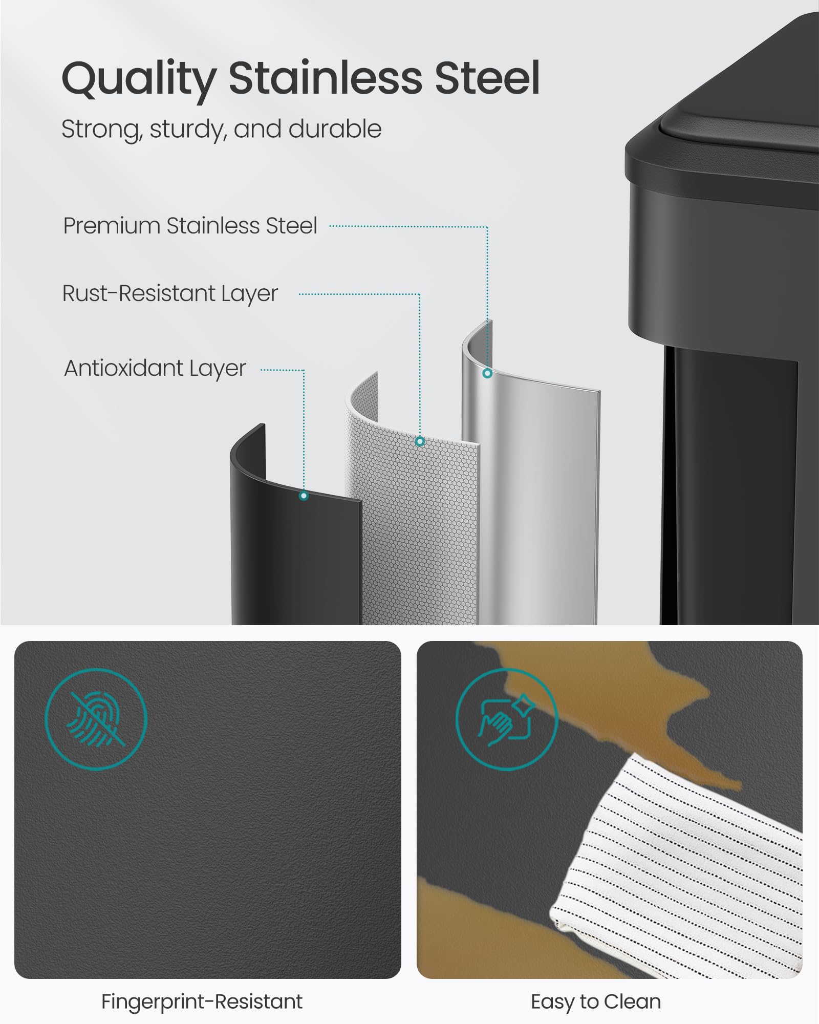 SONGMICS Trash Can, 2 x 8 Gallon (2 x 30 L) Double Garabge Can for Recycling and Waste, Stainless Steel, Soft-Close Lid, Inner Buckets, Wide Sturdy Pedal, Ink Black ULTB556B01 - Image 5