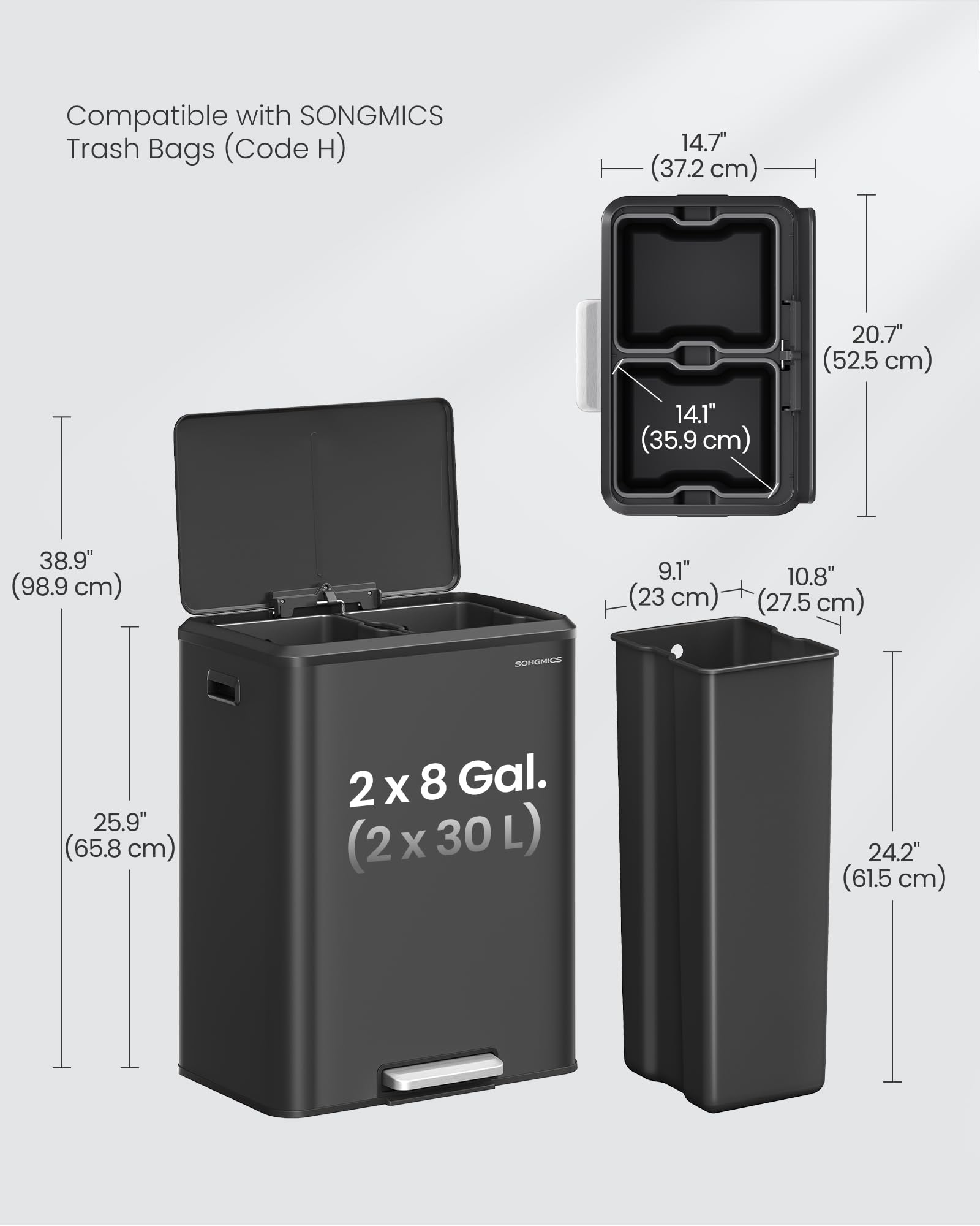 SONGMICS Trash Can, 2 x 8 Gallon (2 x 30 L) Double Garabge Can for Recycling and Waste, Stainless Steel, Soft-Close Lid, Inner Buckets, Wide Sturdy Pedal, Ink Black ULTB556B01 - Image 6