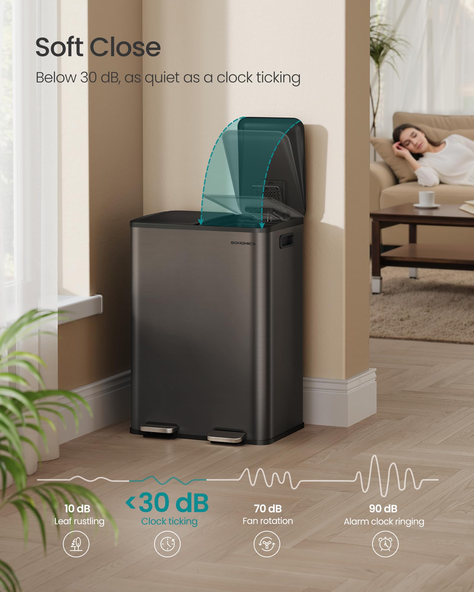 SONGMICS Trash Can, 2 x 8 Gallon (2 x 30 L) Dual-Compartment Garbage Can with Soft-Close Lid, Pedal and Inner Buckets, Stainless Steel, Includes 15 Liner Bags, Slate Gray ULTB741G01 - Image 4