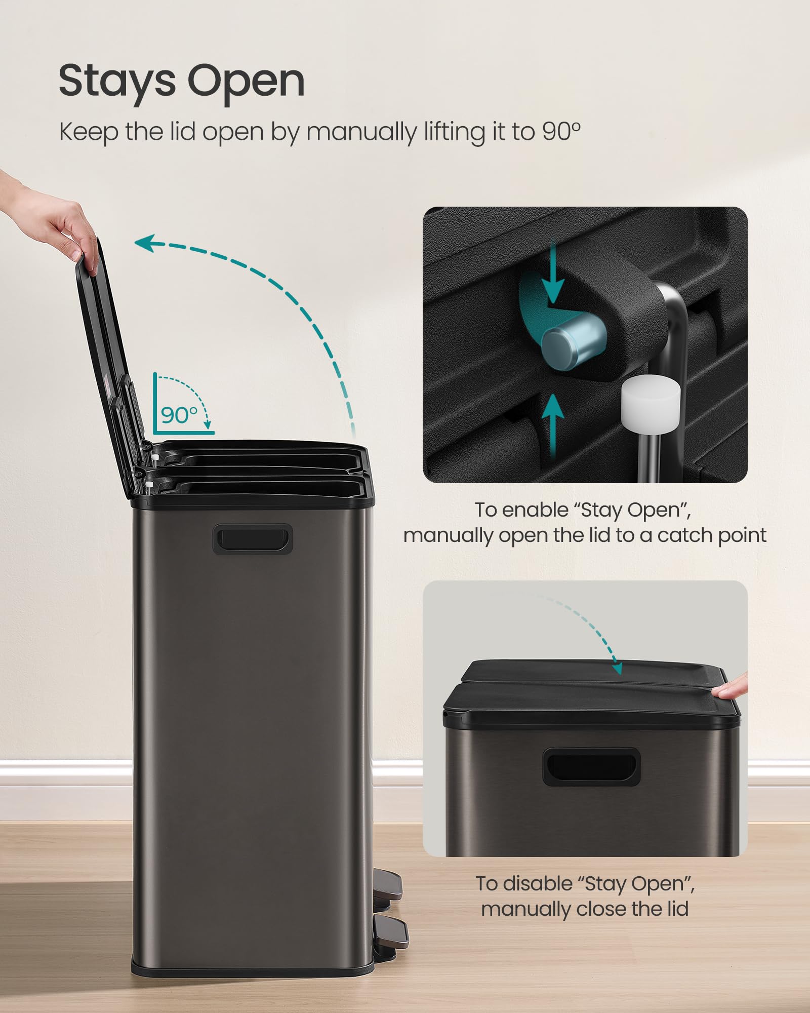 SONGMICS Trash Can, 2 x 8 Gallon (2 x 30 L) Dual-Compartment Garbage Can with Soft-Close Lid, Pedal and Inner Buckets, Stainless Steel, Includes 15 Liner Bags, Slate Gray ULTB741G01 - Image 5